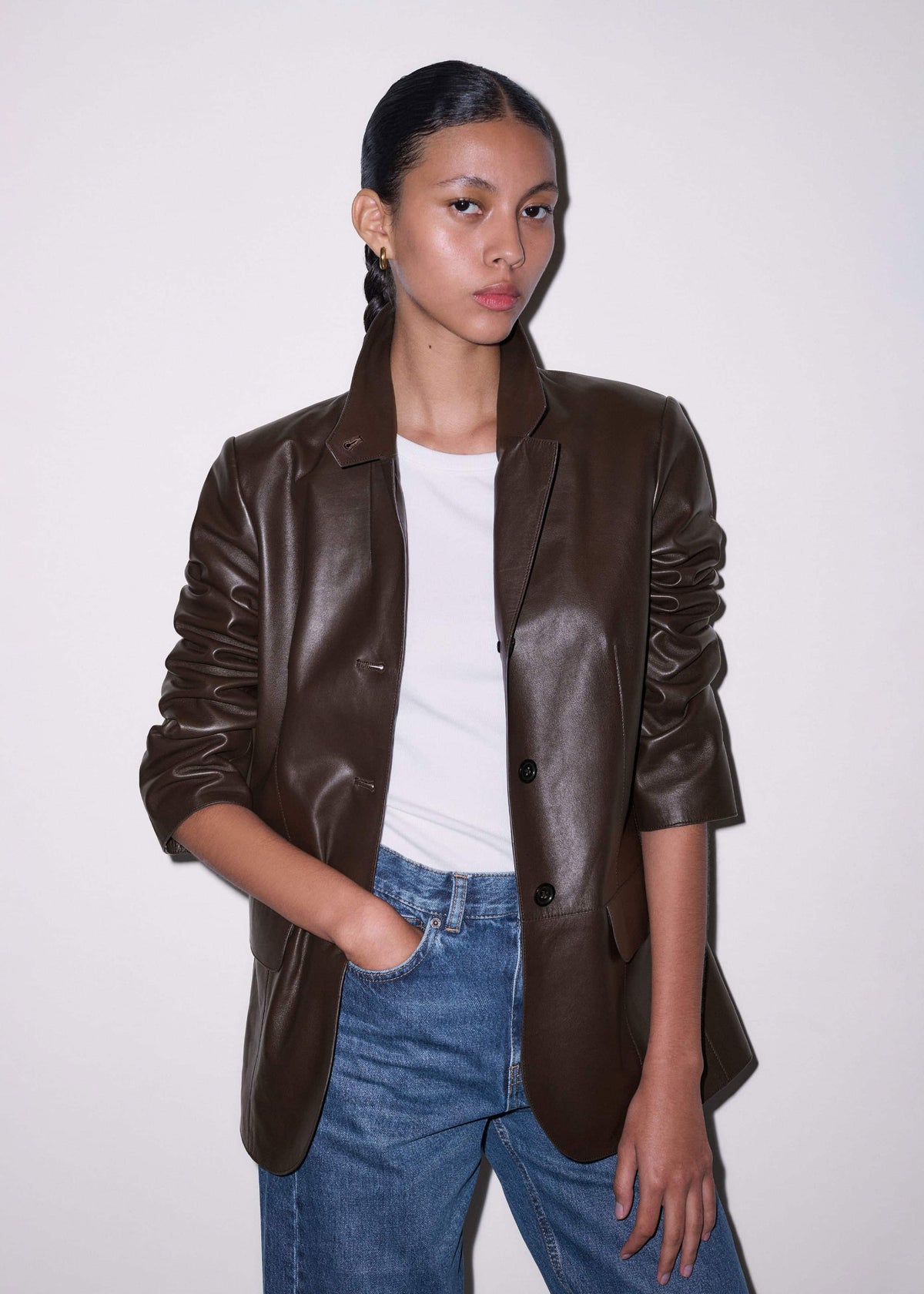 Brown Leather Luxe Relaxed Boyfriend Blazer meandem