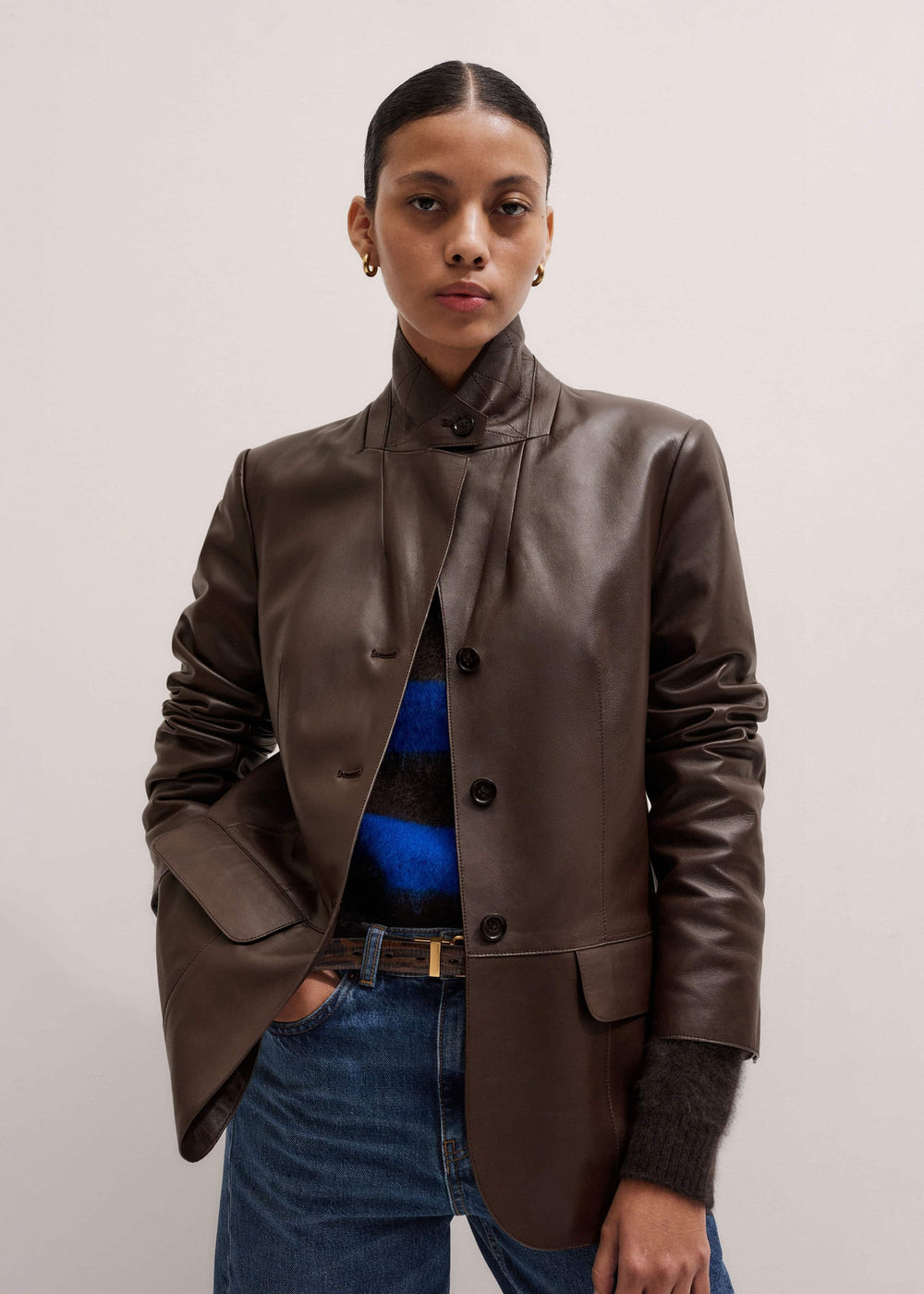 Brown Leather Luxe Relaxed Boyfriend Blazer meandem
