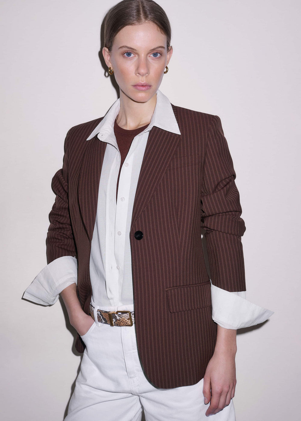 Cinnamon Pinstripe Sharp Shoulder Contour Blazer meandem