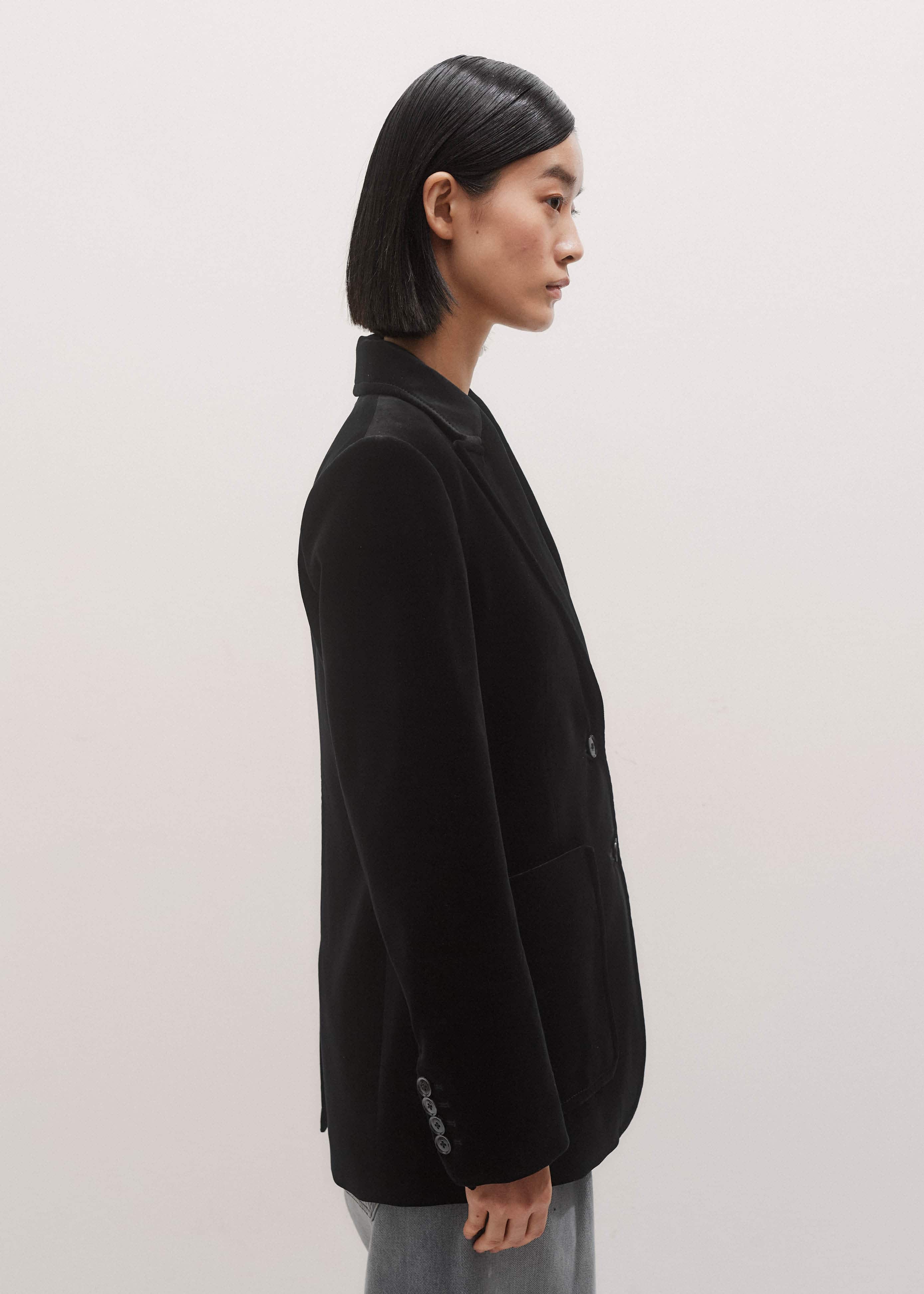 Black Stretch Velvet Sharp Shoulder Blazer meandem