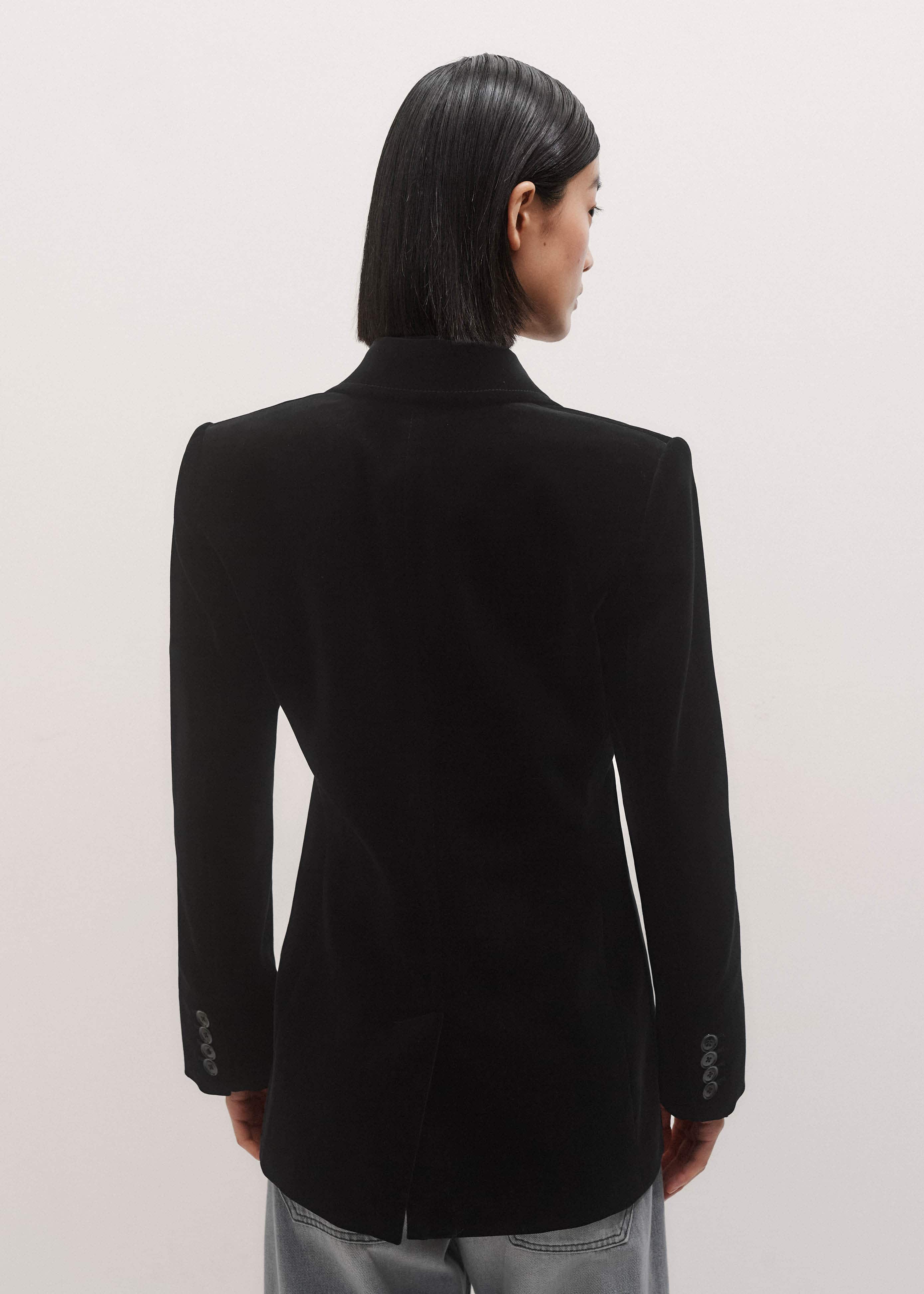 Black Stretch Velvet Sharp Shoulder Blazer meandem