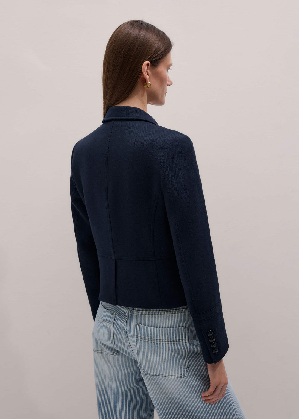 Navy Herringbone Fitted Crop Jacket meandem