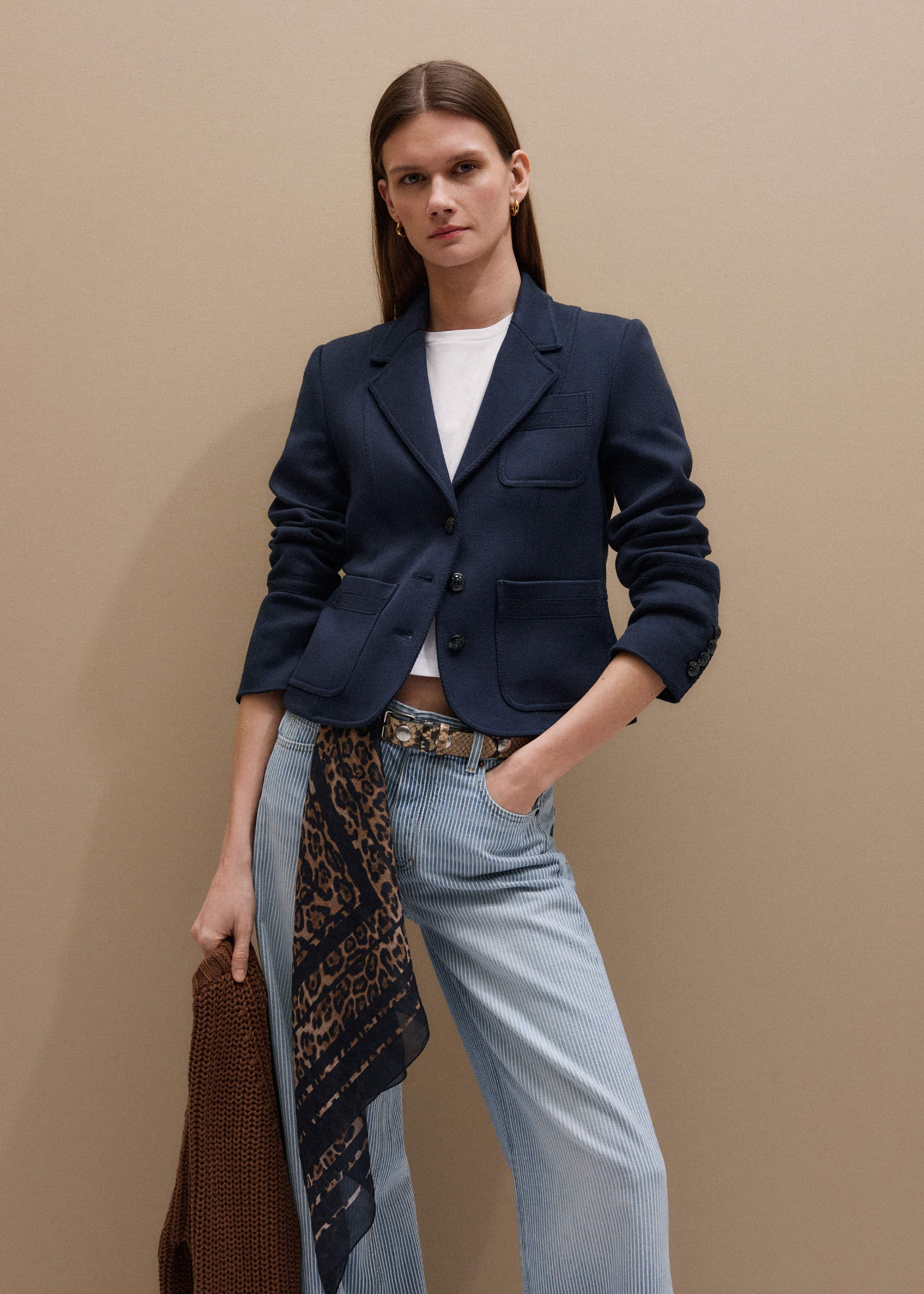 Navy Herringbone Fitted Crop Jacket meandem