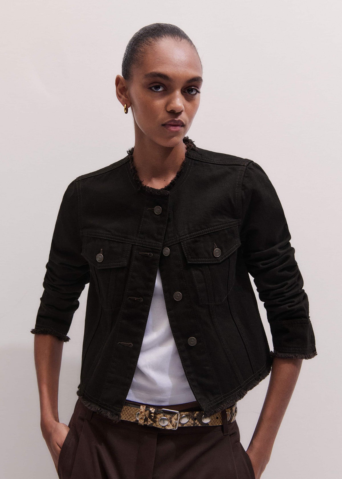 Black Collarless Fray Jacket meandem