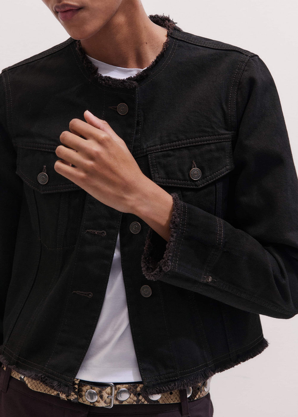 Black Collarless Fray Jacket meandem