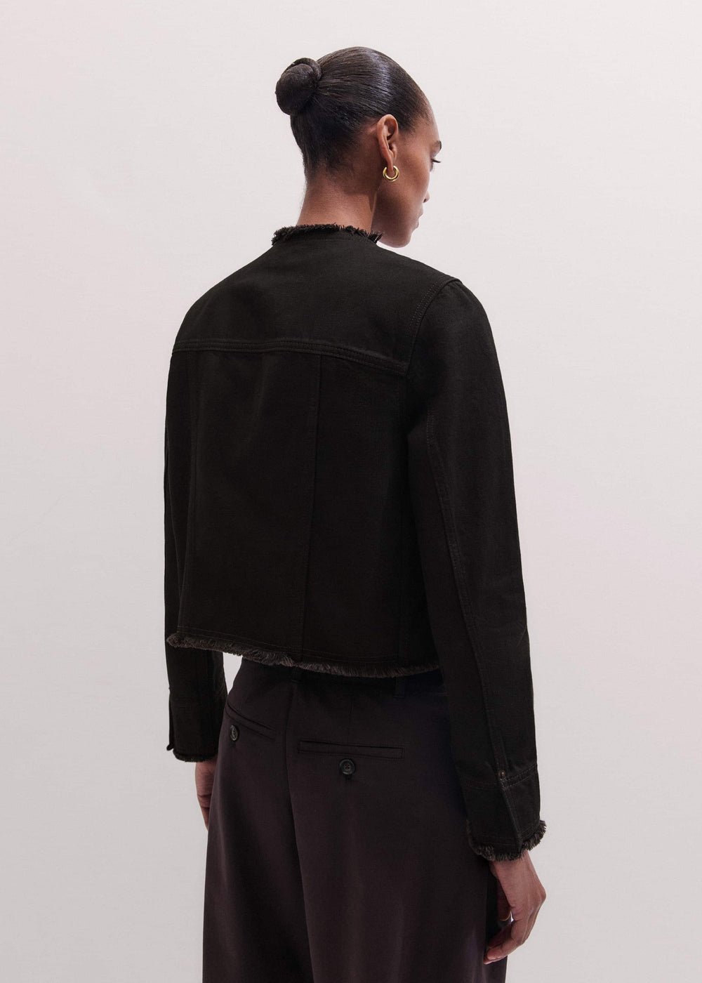 Black Collarless Fray Jacket meandem