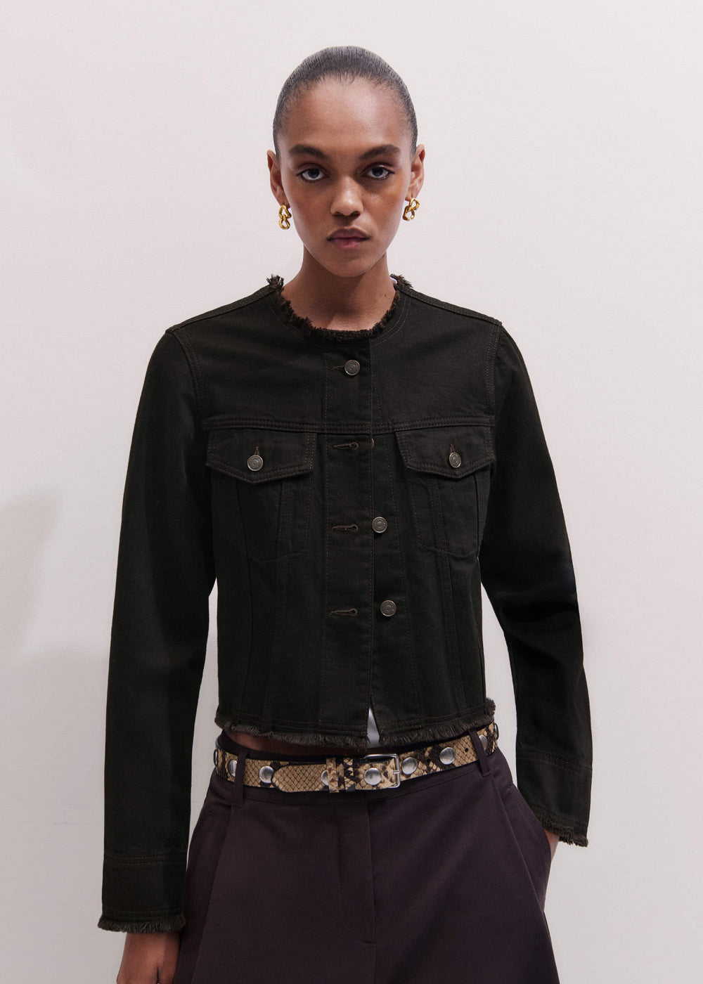 Black Collarless Fray Jacket meandem