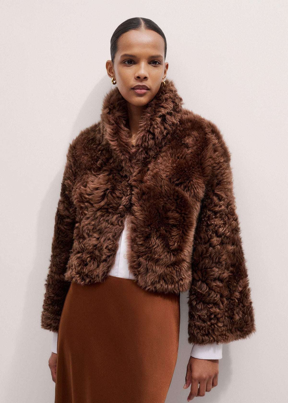 Brown Luxe Shearling Evening Crop Jacket meandem