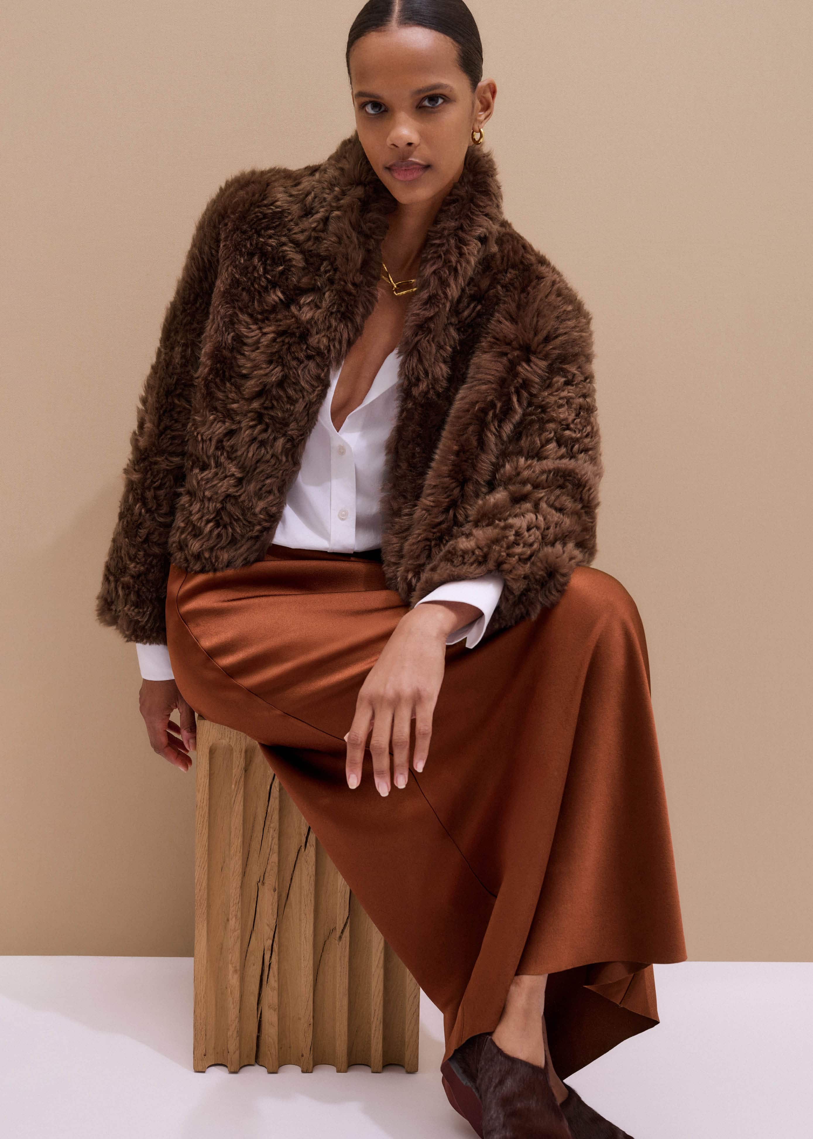 Brown Luxe Shearling Evening Crop Jacket meandem