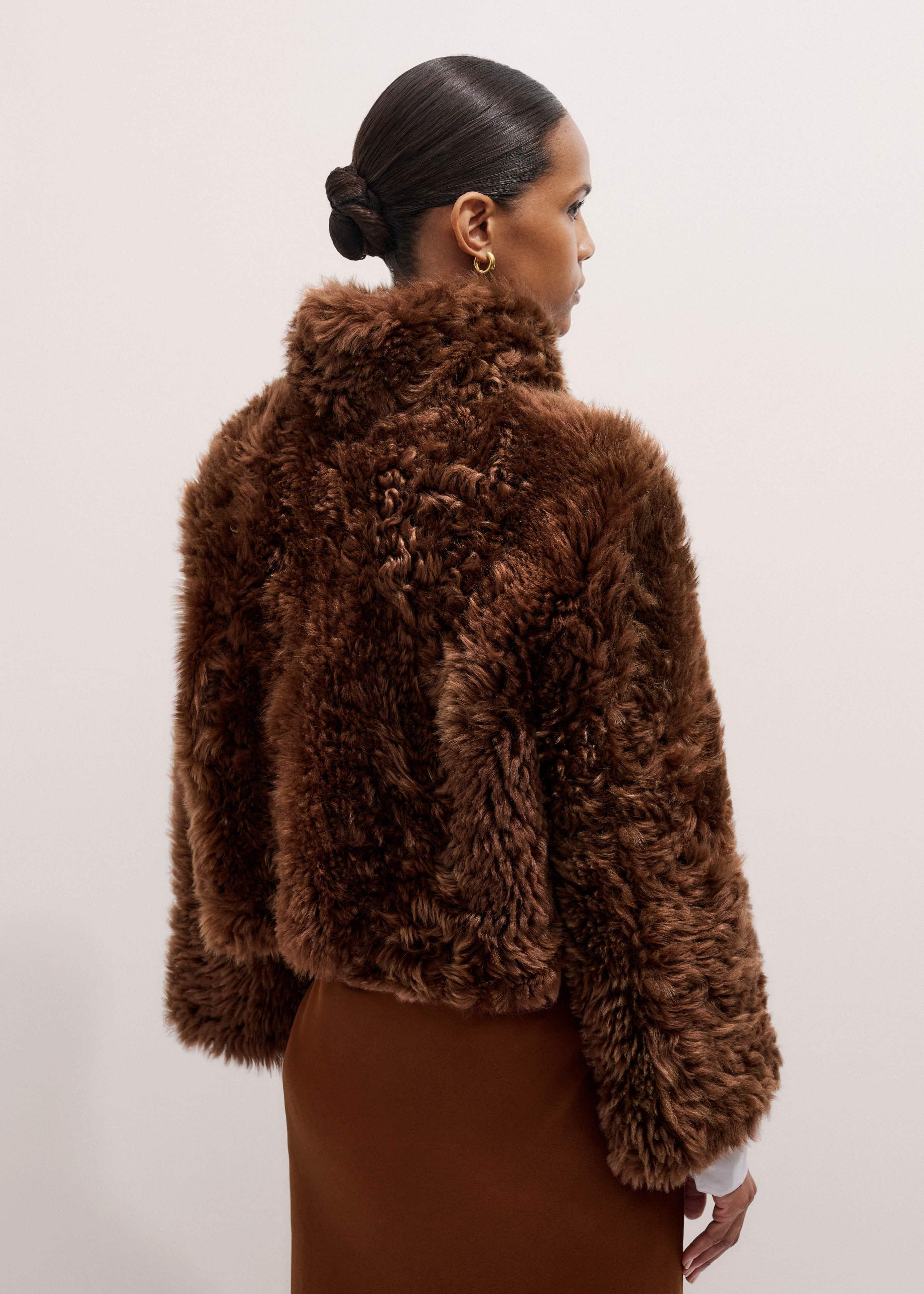 Brown Luxe Shearling Evening Crop Jacket meandem