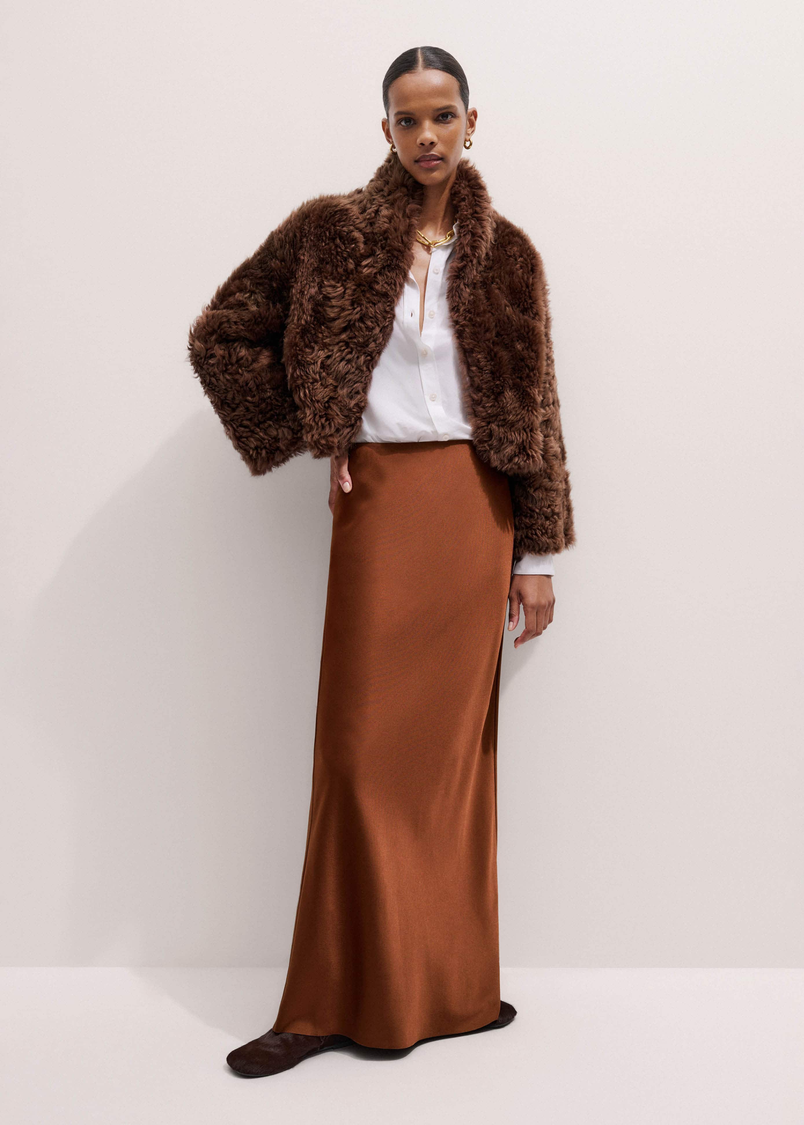 Brown Luxe Shearling Evening Crop Jacket meandem