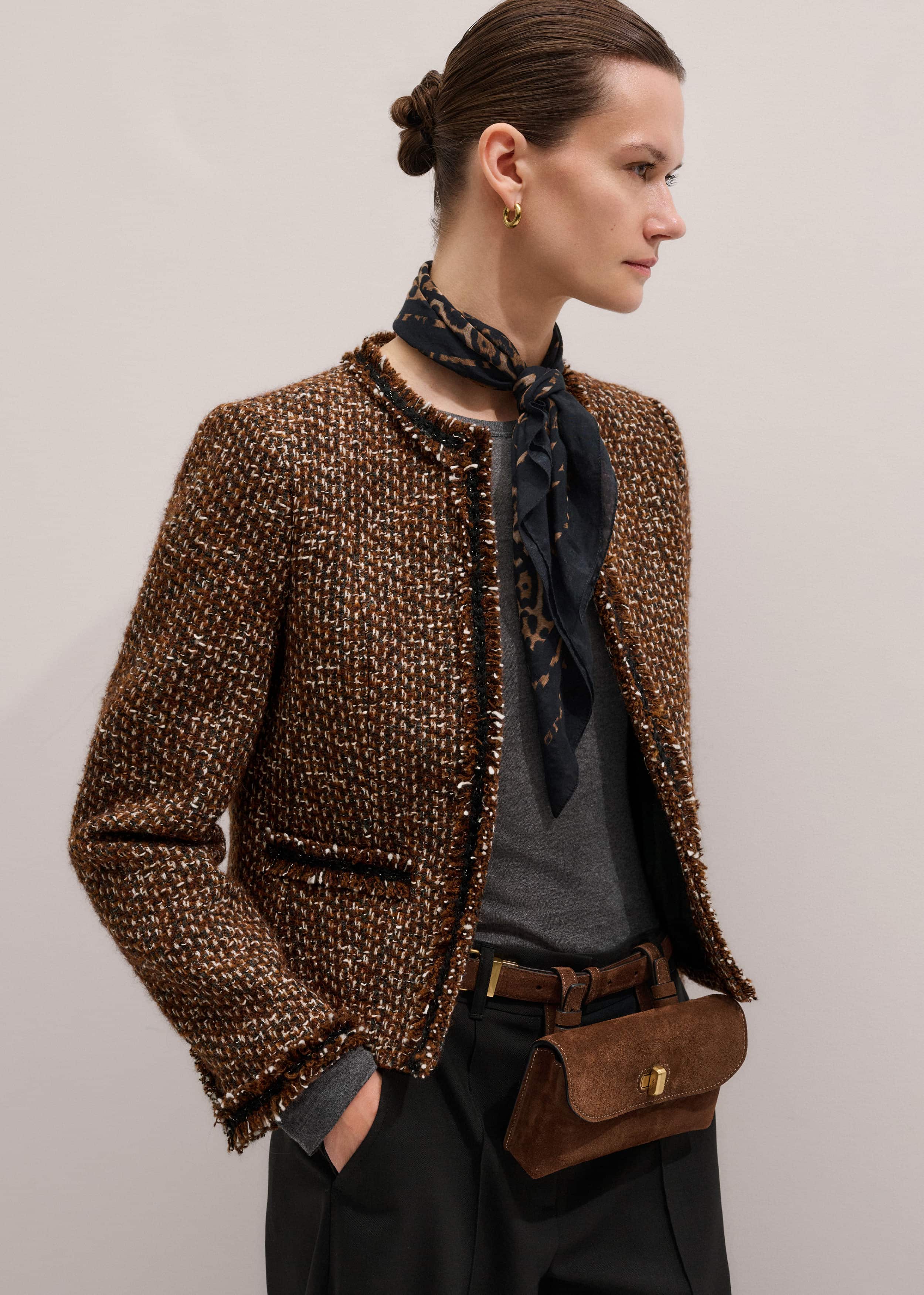 Brown Slim Tweed Fringed Jacket meandem