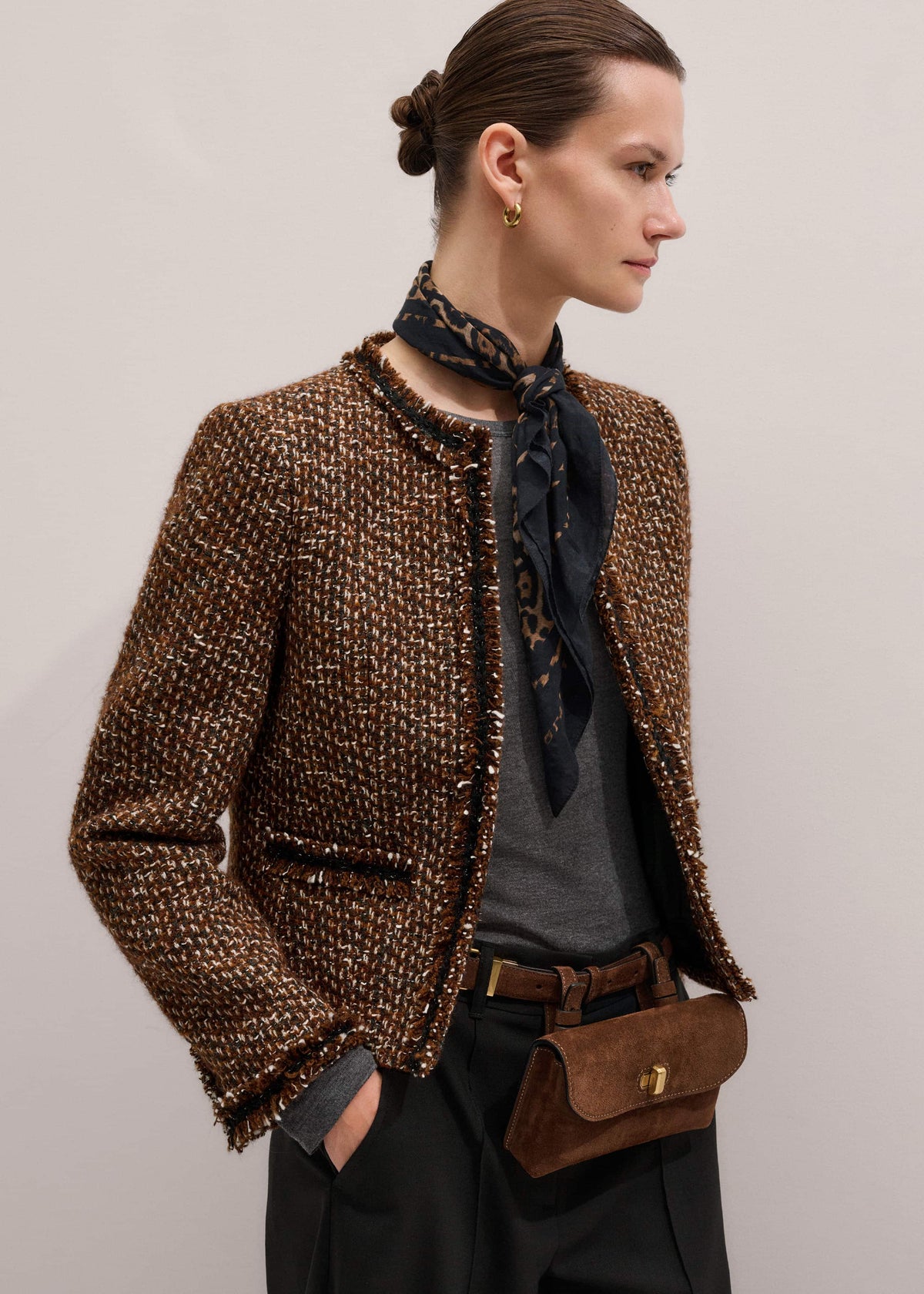 Brown Slim Tweed Fringed Jacket meandem