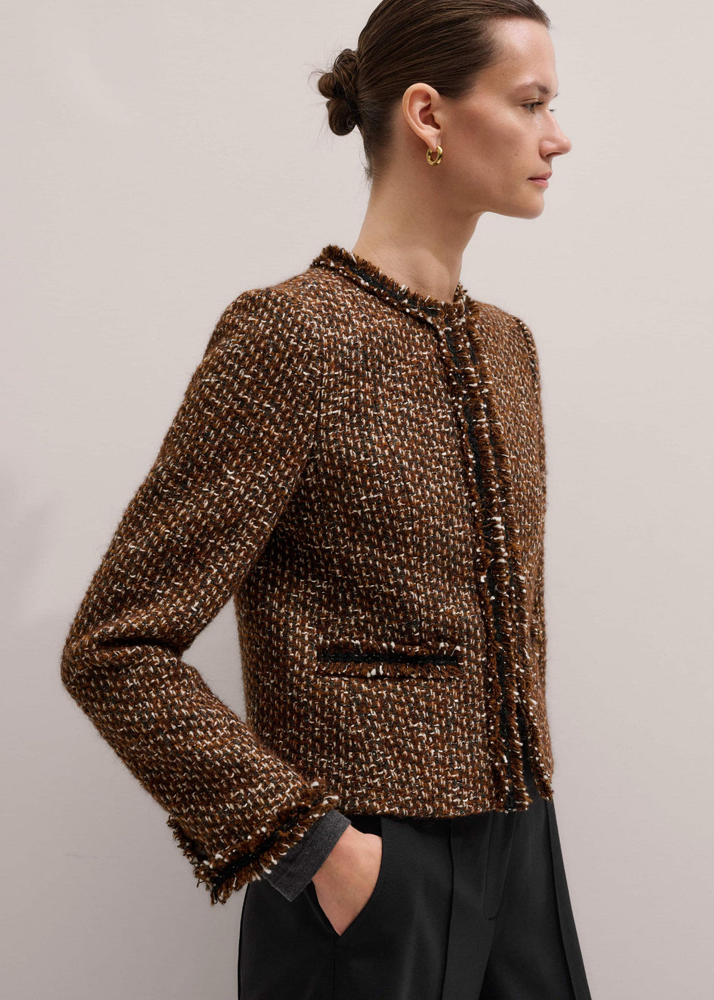 Brown Slim Tweed Fringed Jacket meandem