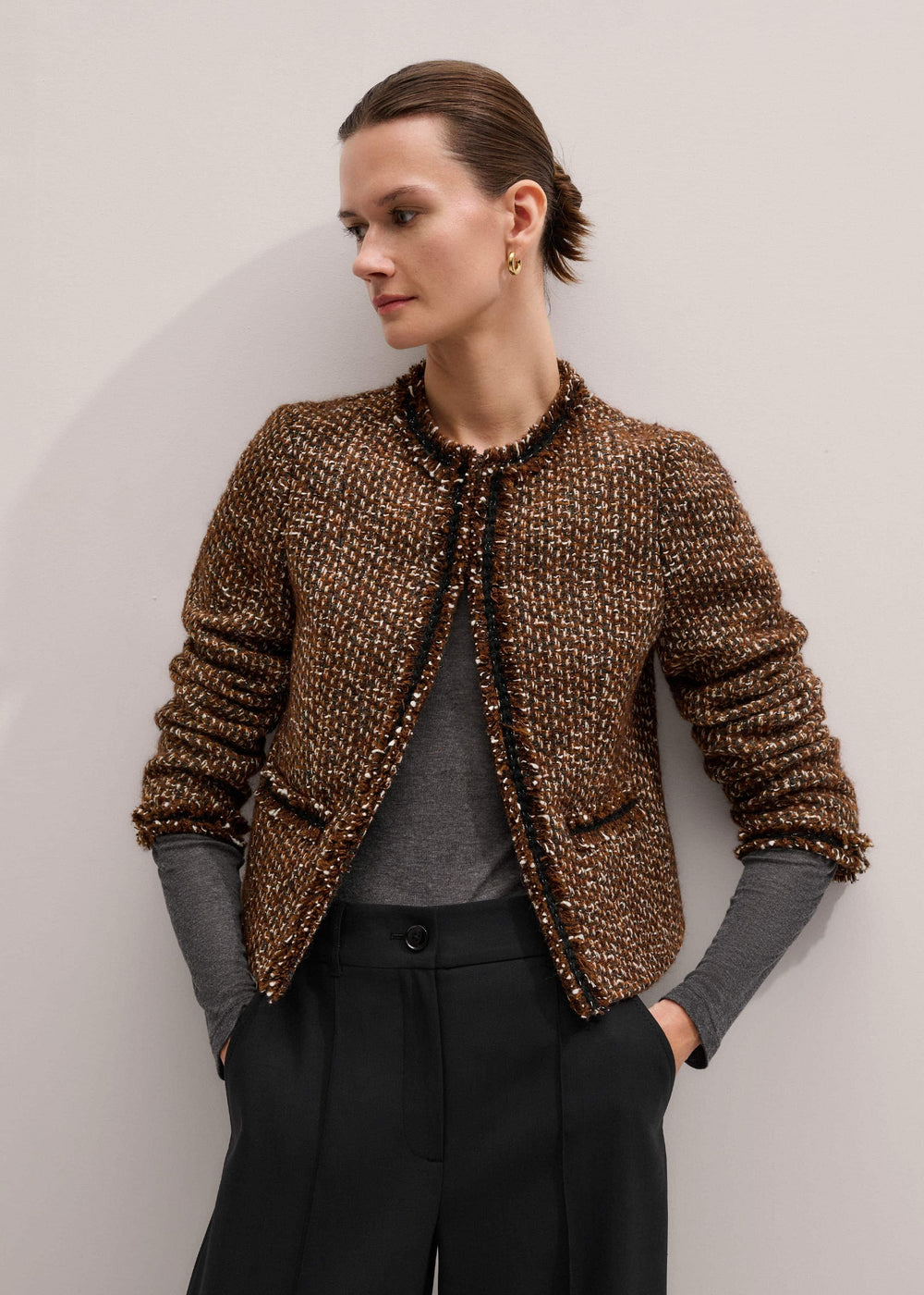 Brown Slim Tweed Fringed Jacket meandem