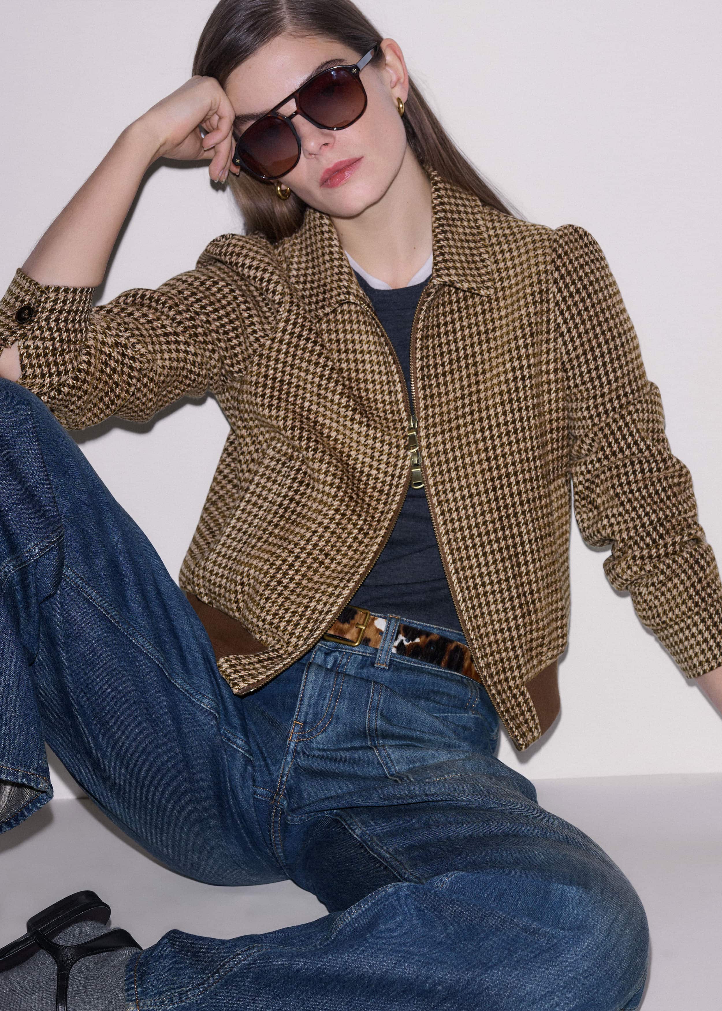 Brown Super Soft Houndstooth Bomber Jacket meandem