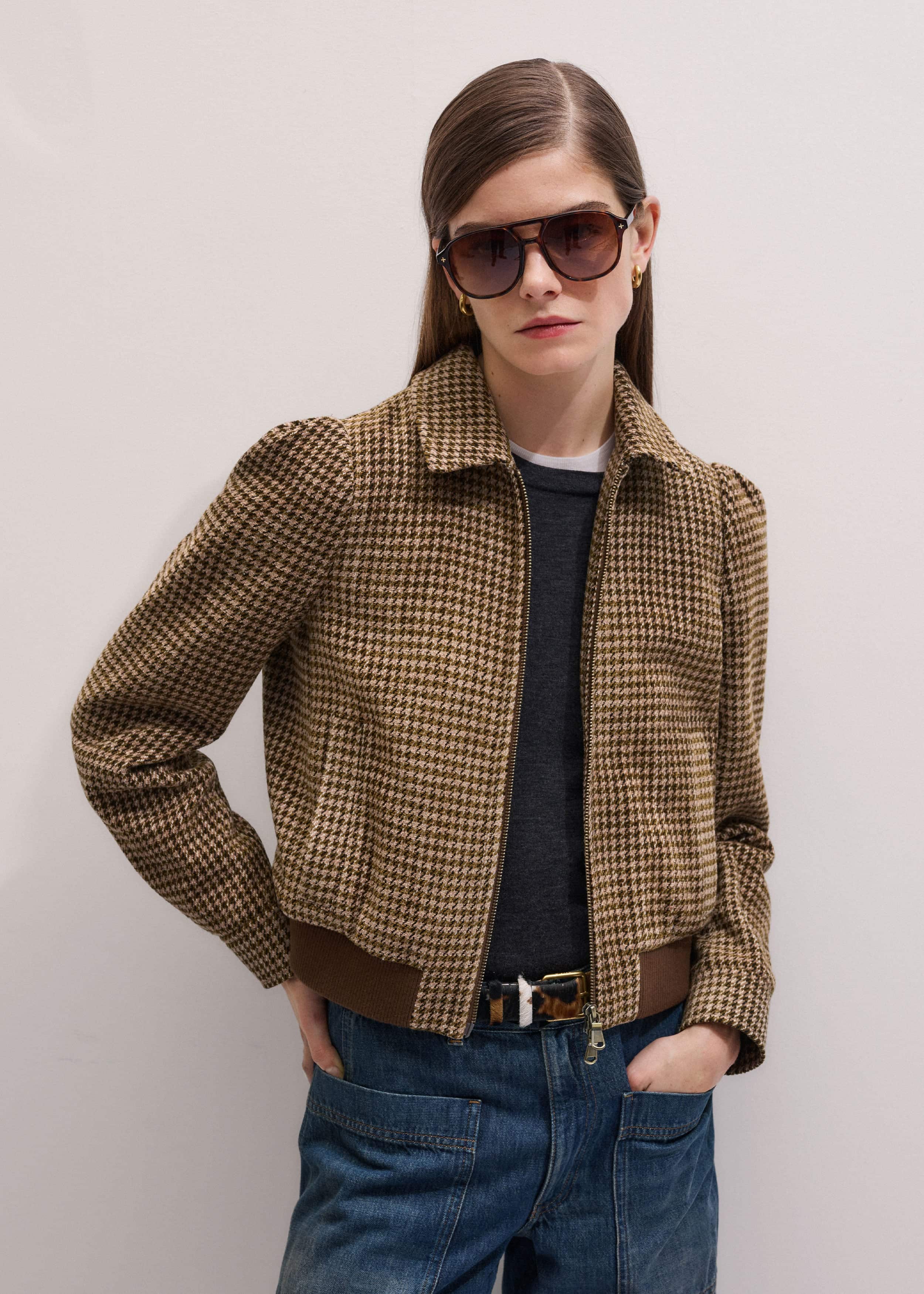 Brown Super Soft Houndstooth Bomber Jacket meandem