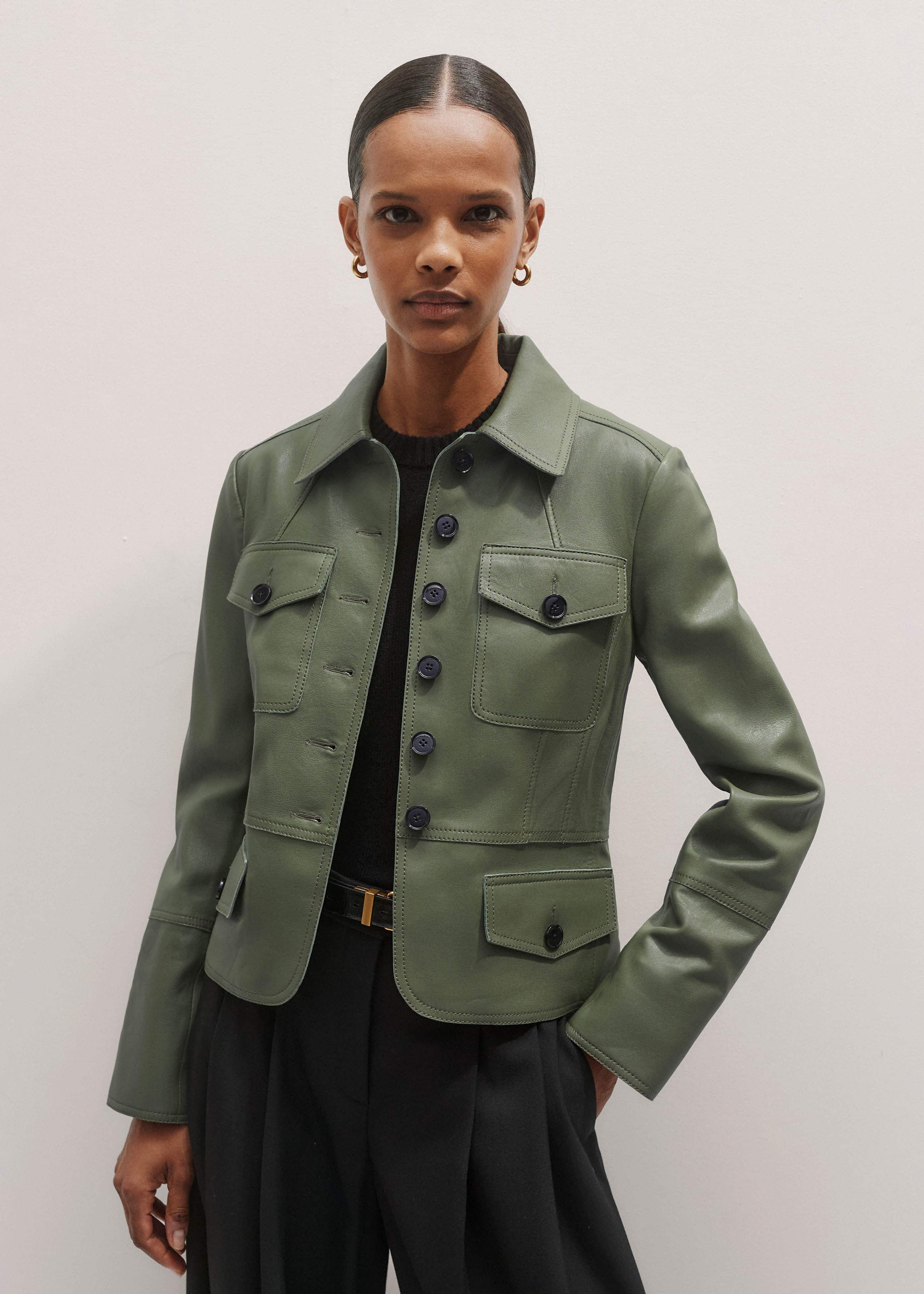 Green Washed Leather Fitted Utility Jacket meandem