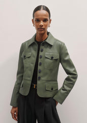 Green Washed Leather Fitted Utility Jacket meandem