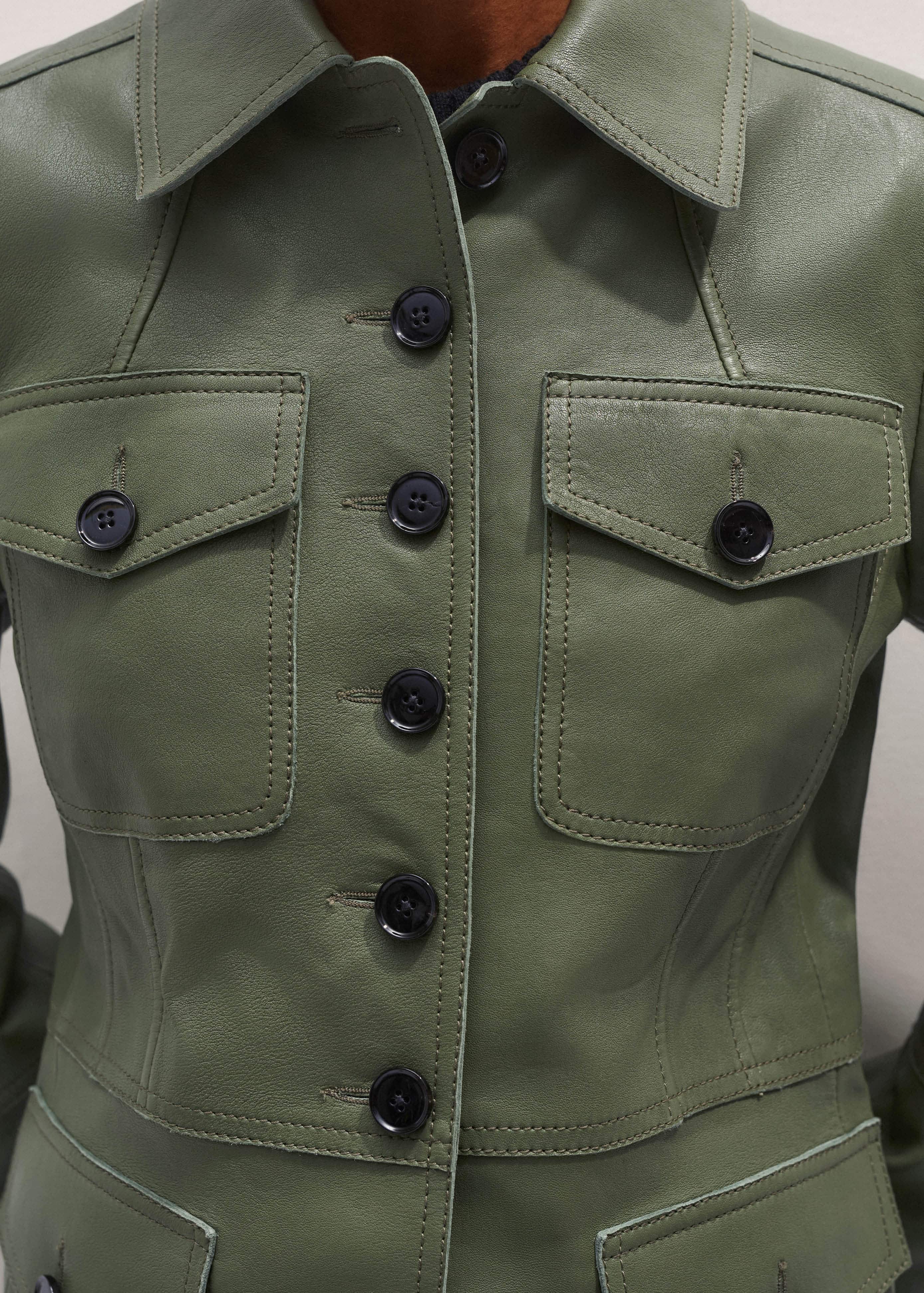 Green Washed Leather Fitted Utility Jacket meandem