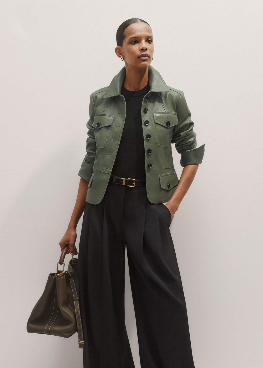 Green Washed Leather Fitted Utility Jacket meandem