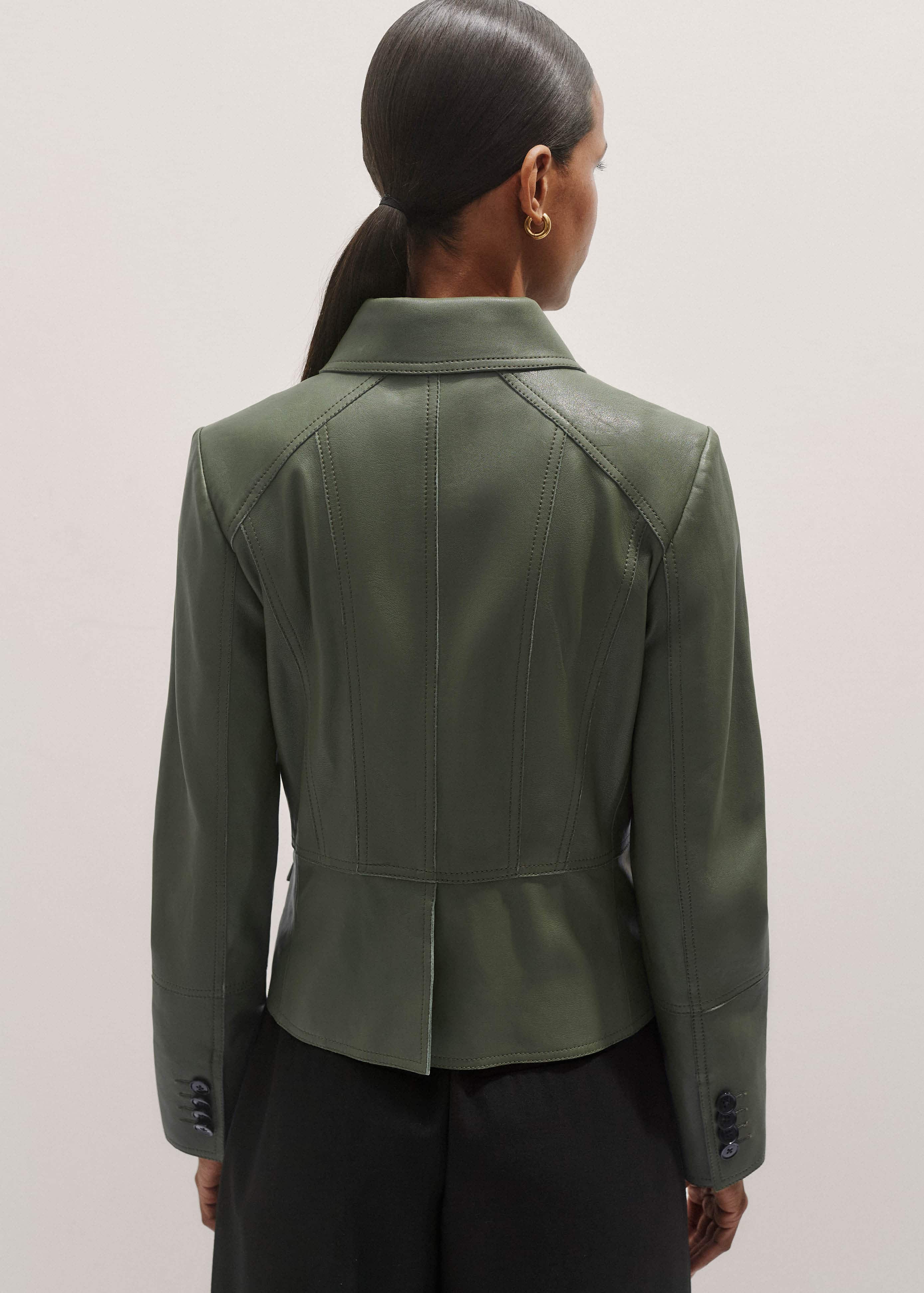 Green Washed Leather Fitted Utility Jacket meandem