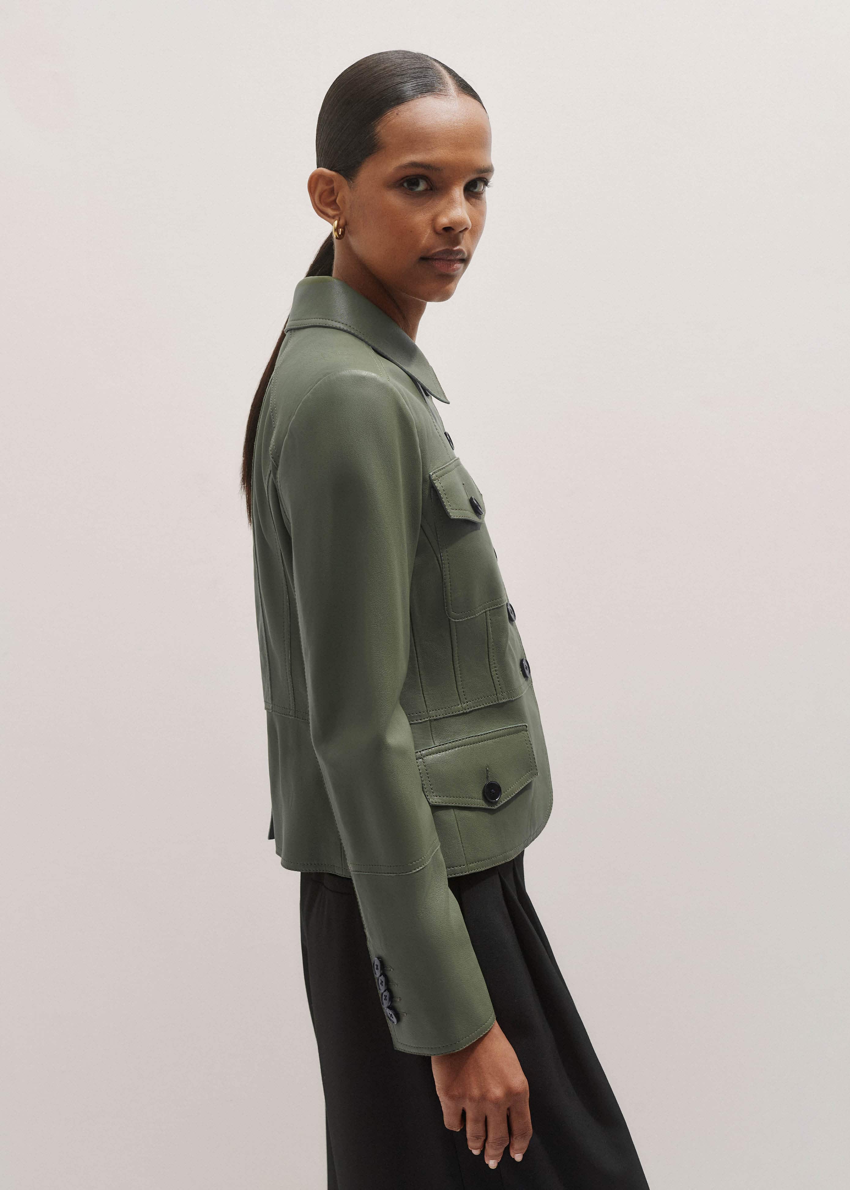 Green Washed Leather Fitted Utility Jacket meandem
