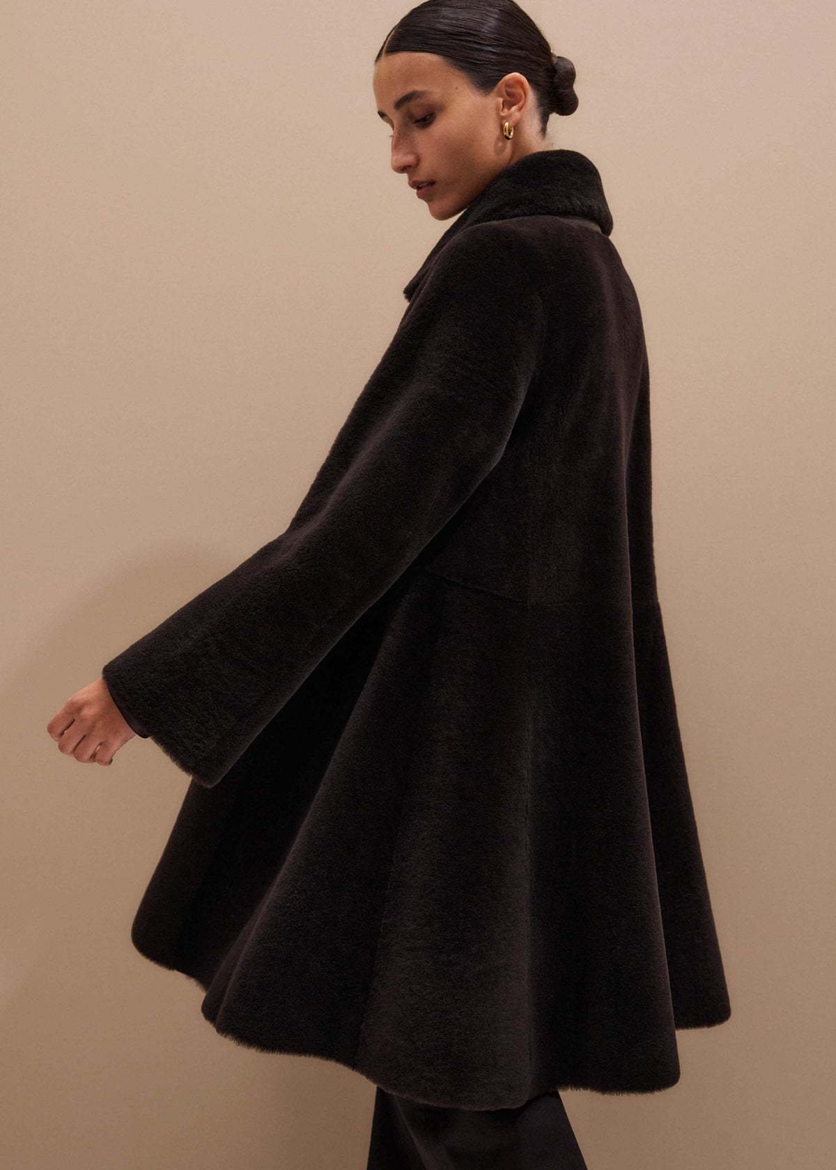 Brown Luxe Shearling Leather Mix Swing Coat meandem