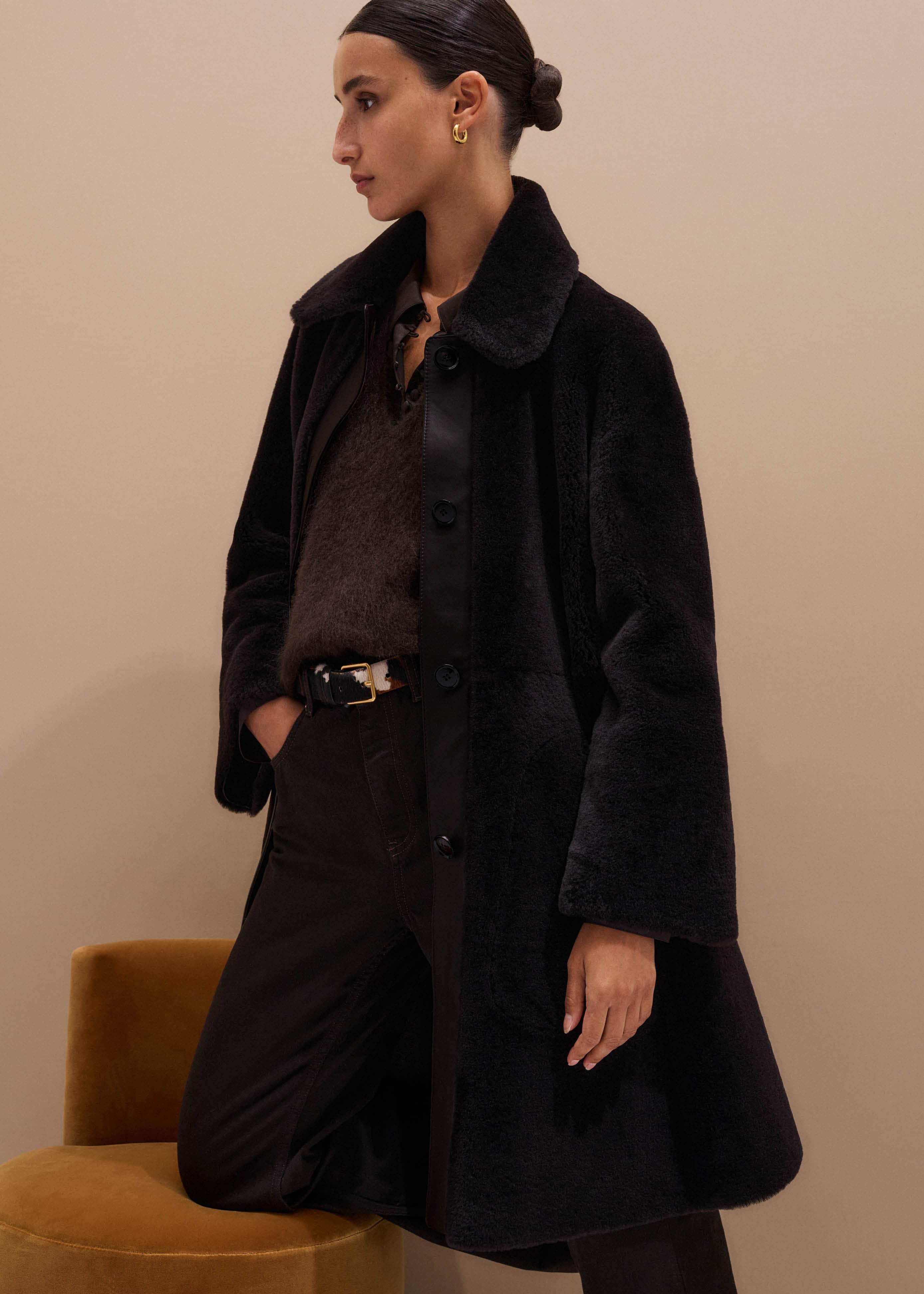 Brown Luxe Shearling Leather Mix Swing Coat meandem