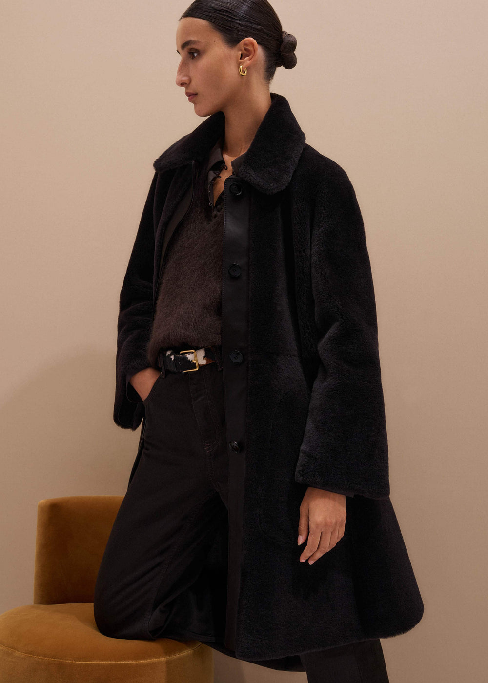 Brown Luxe Shearling Leather Mix Swing Coat meandem