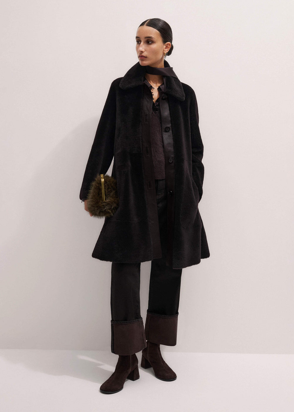 Brown Luxe Shearling Leather Mix Swing Coat meandem