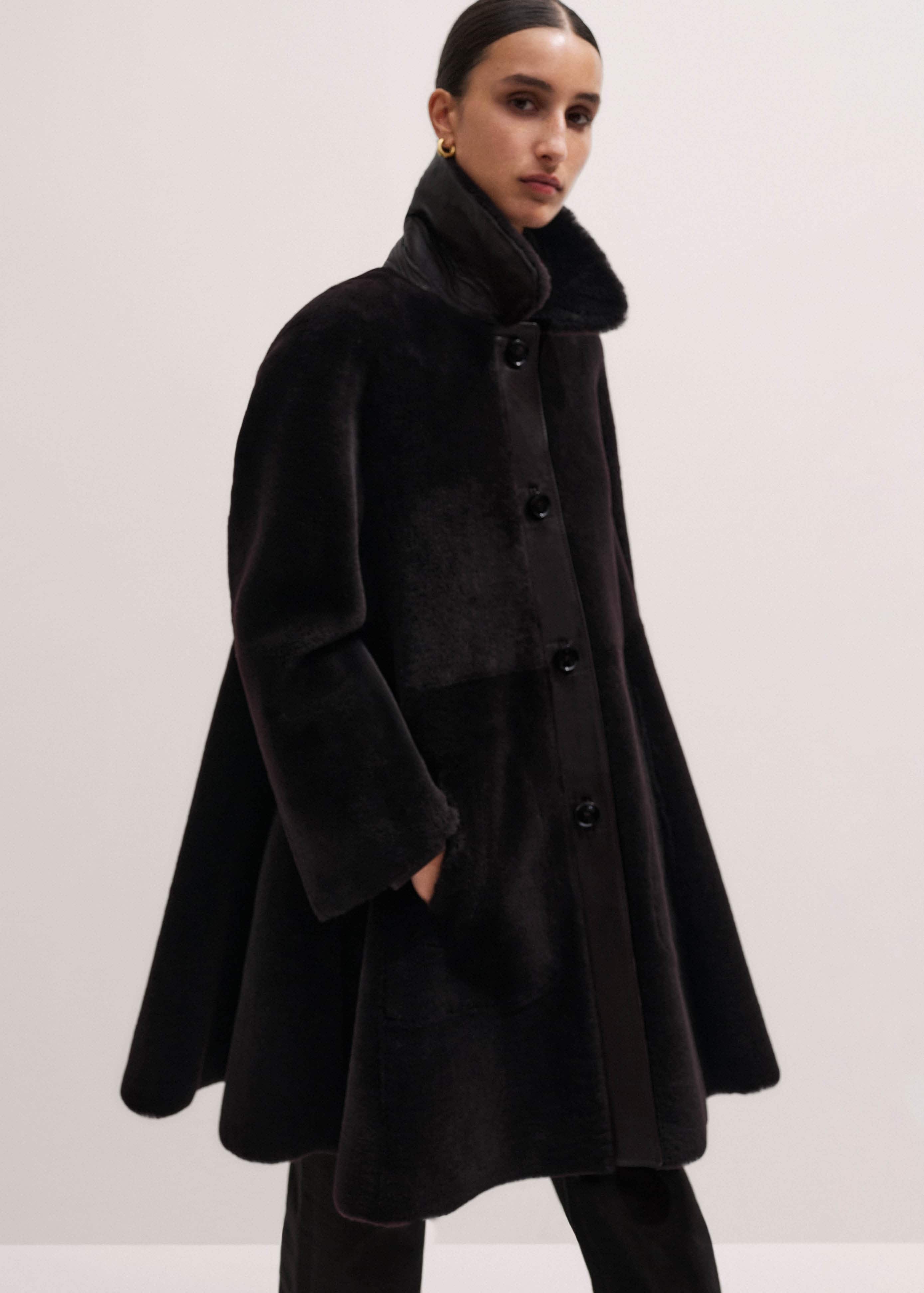 Brown Luxe Shearling Leather Mix Swing Coat meandem