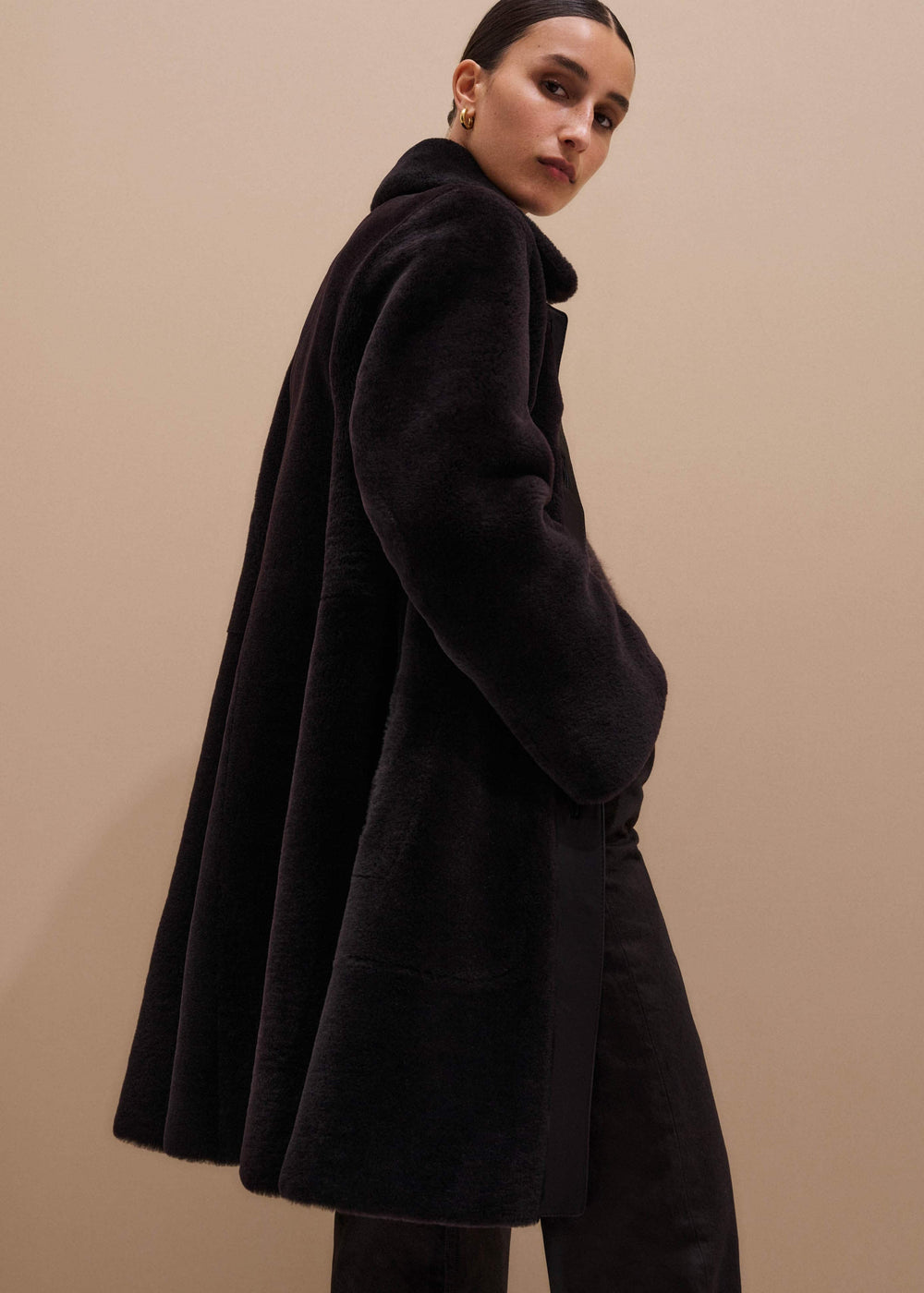 Brown Luxe Shearling Leather Mix Swing Coat meandem