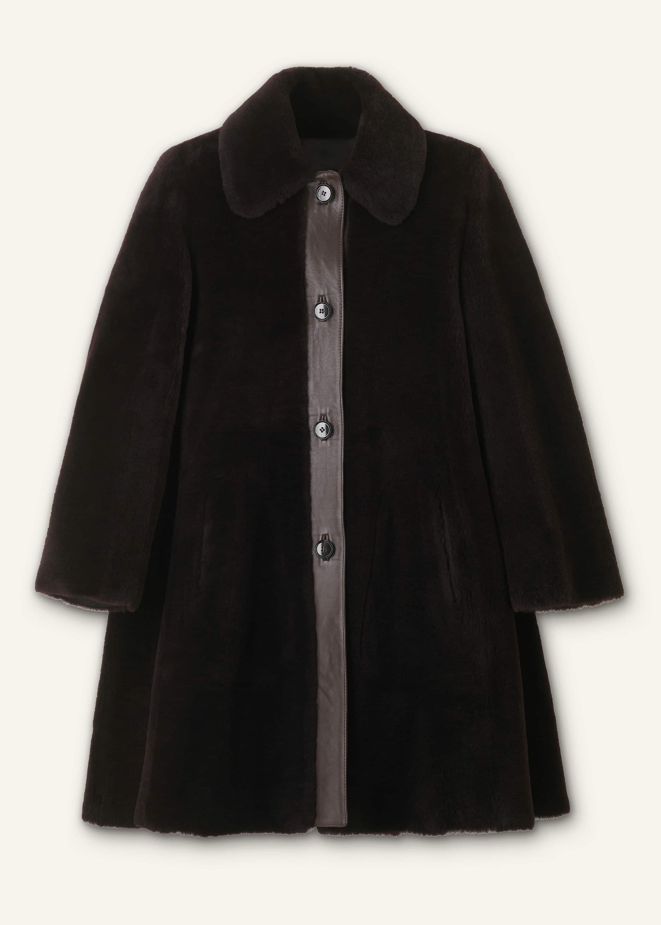 Brown Luxe Shearling Leather Mix Swing Coat meandem