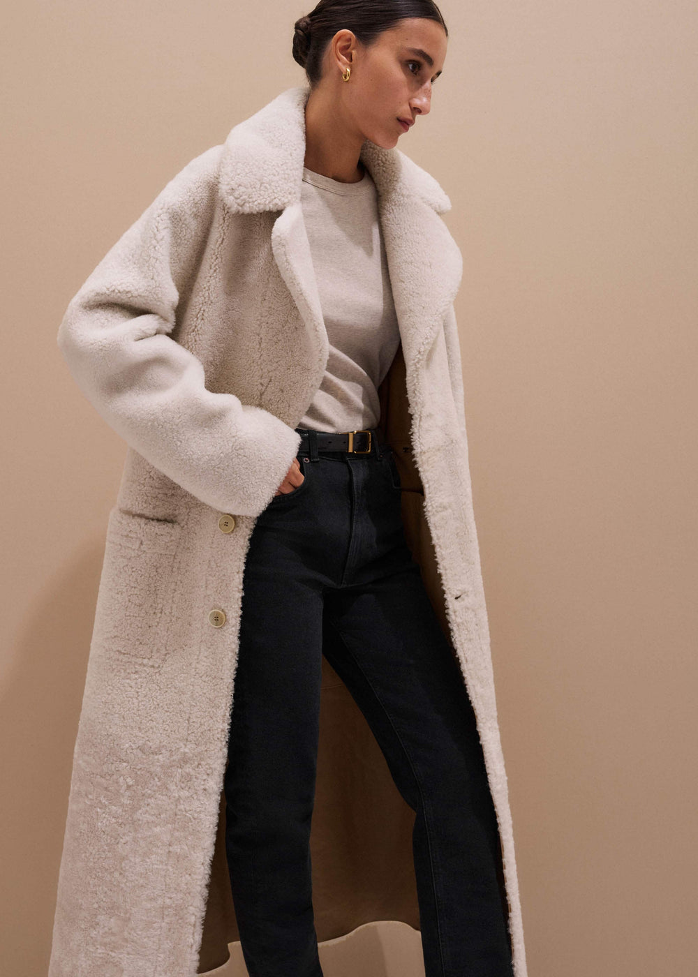 Cream Reversible Shearling Coat + Belt meandem