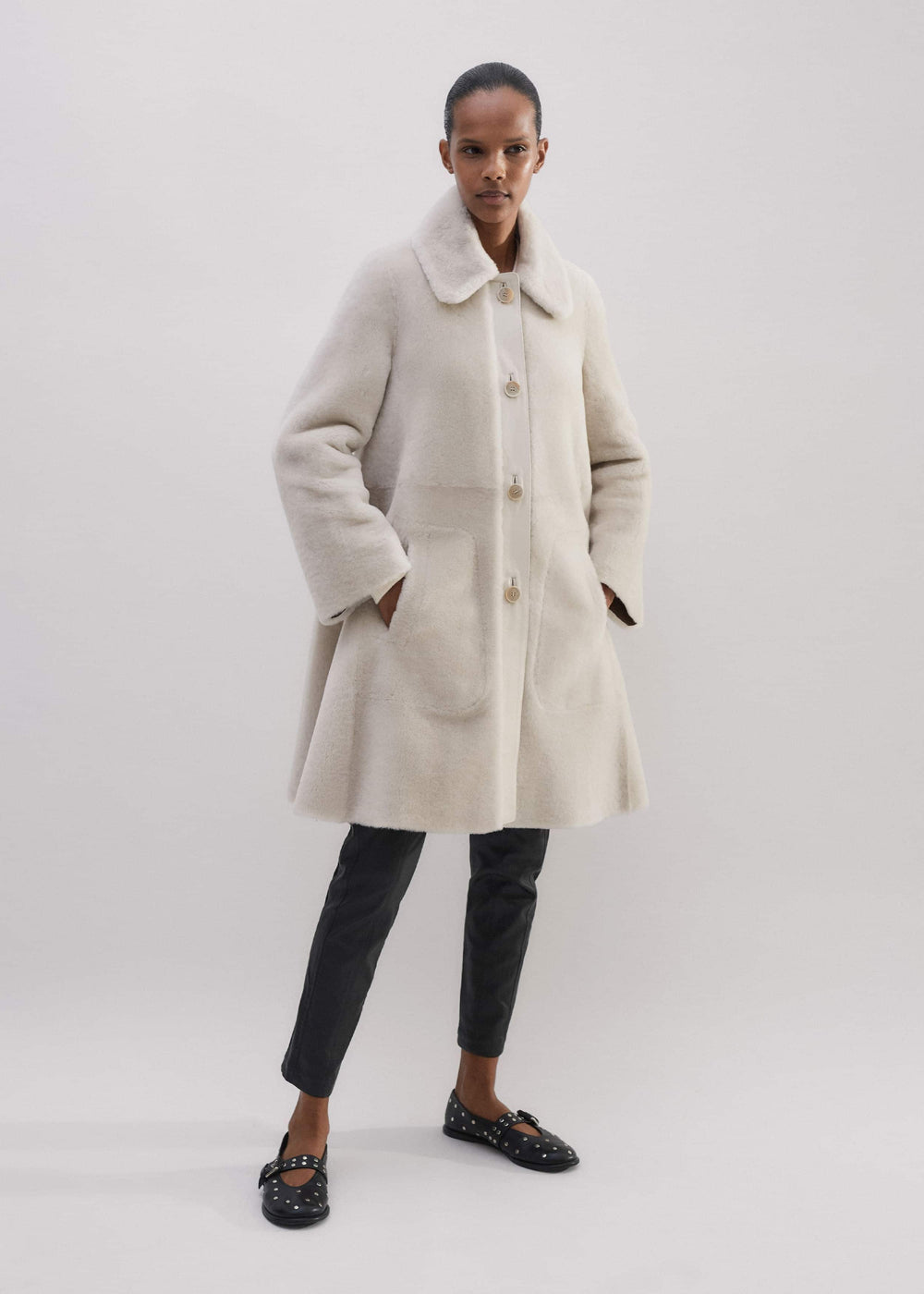Natural Luxe Shearling Leather-Mix Swing Coat meandem