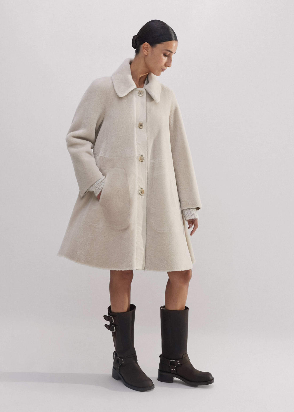Natural Luxe Shearling Leather-Mix Swing Coat meandem