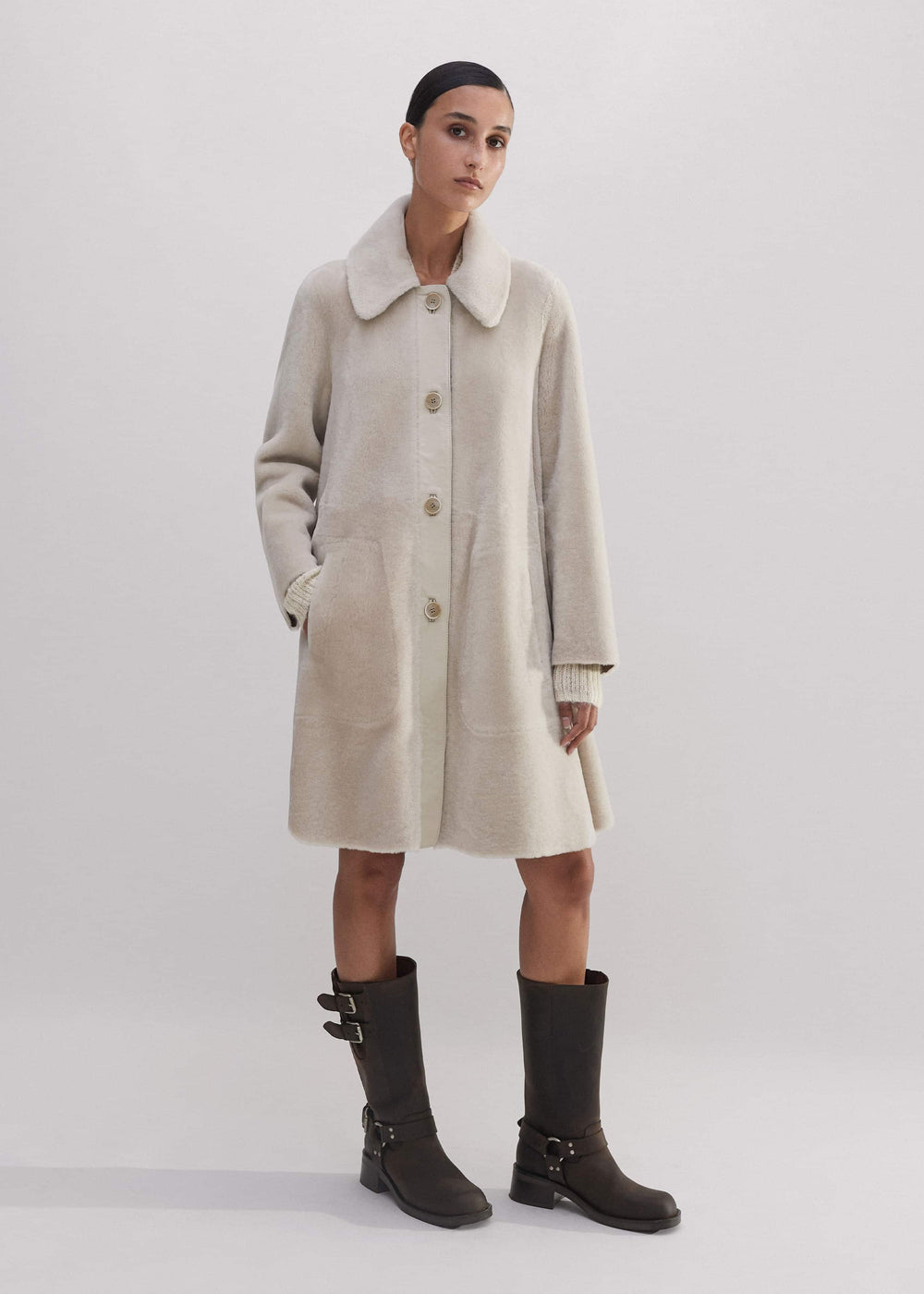 Natural Luxe Shearling Leather-Mix Swing Coat meandem