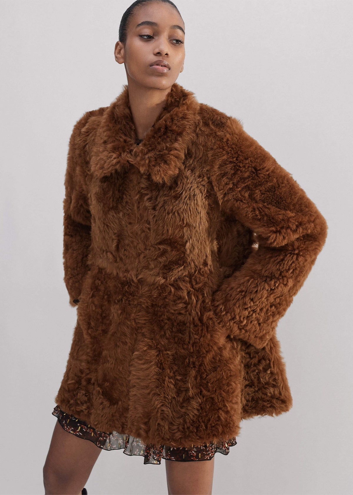 Brown Luxe Shearling Swing Coat meandem