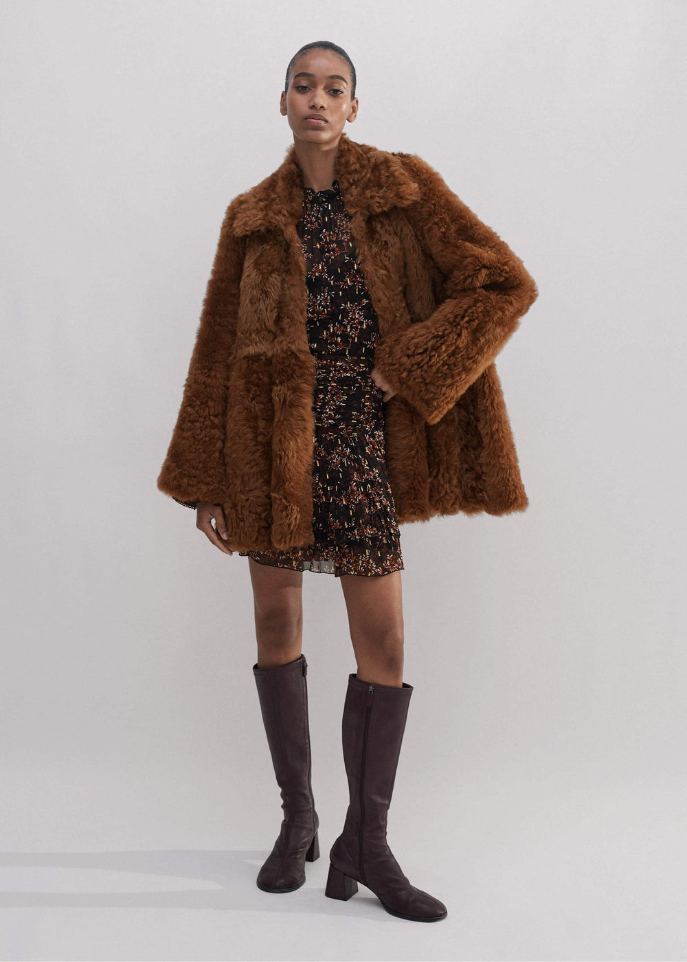 Brown Luxe Shearling Swing Coat meandem