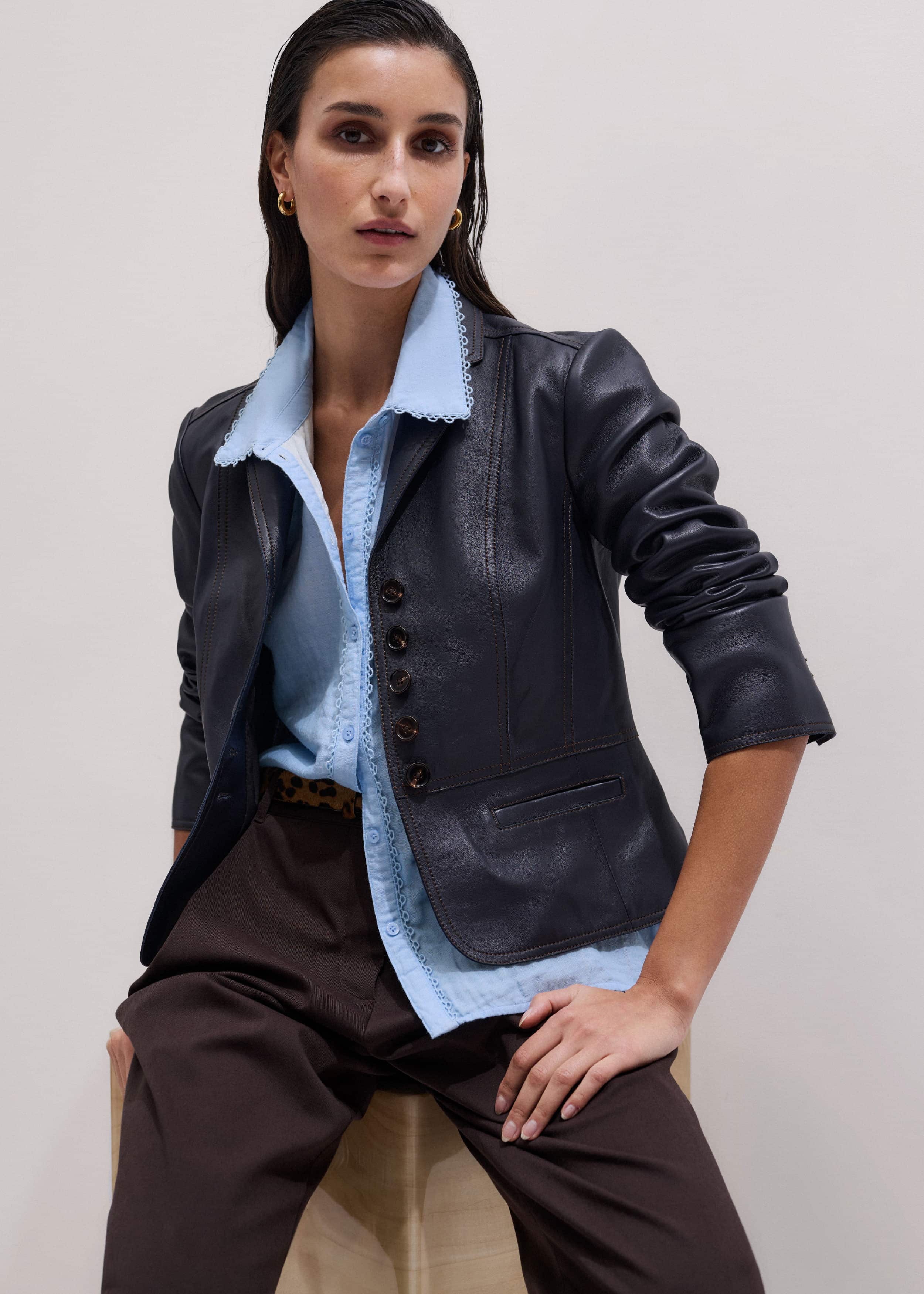 Navy Leather Luxe Short Fitted Blazer meandem