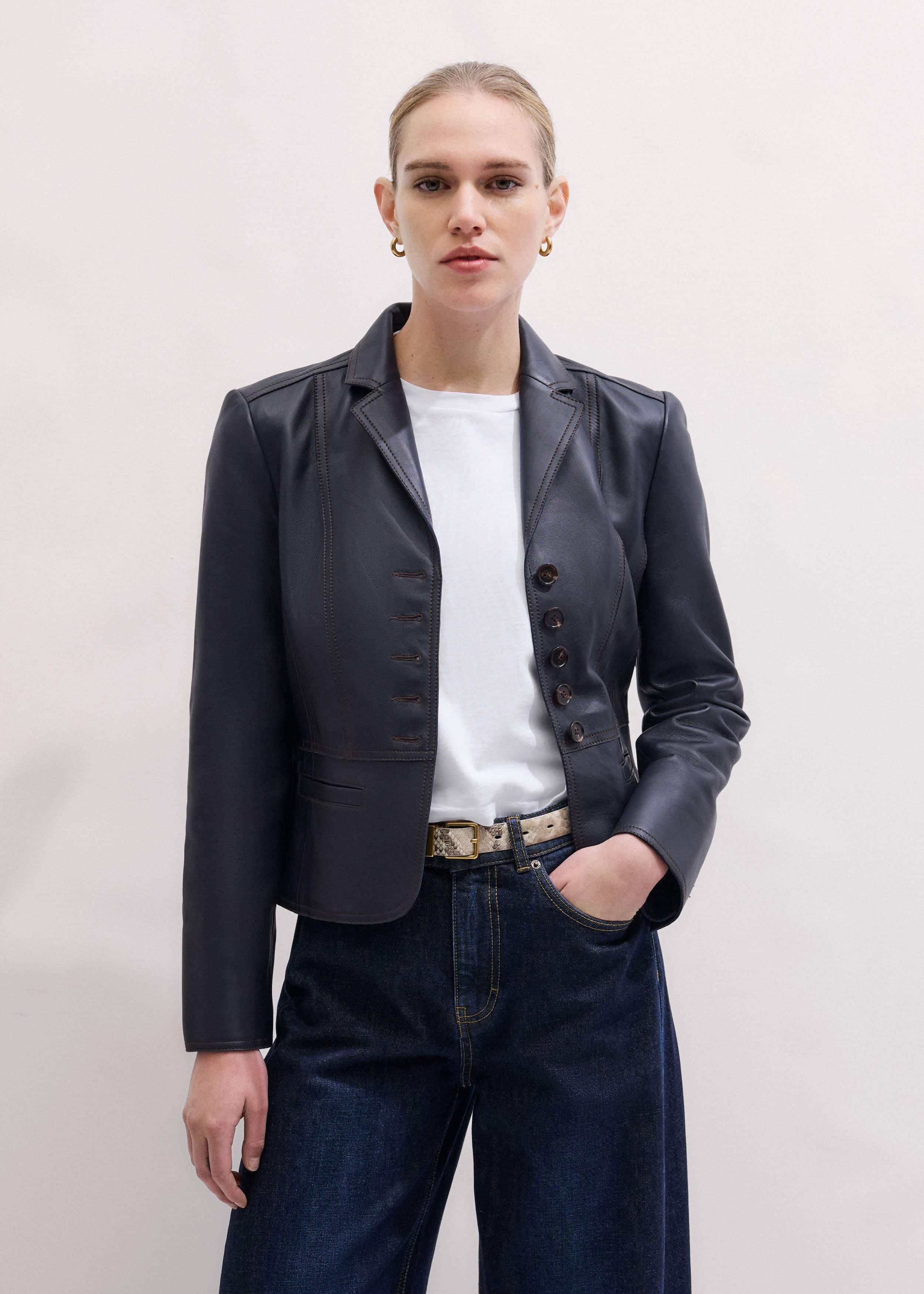 Navy Leather Luxe Short Fitted Blazer meandem