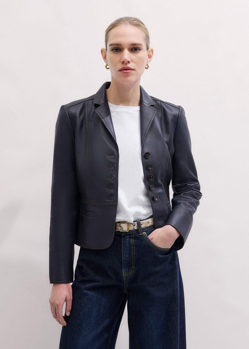 Navy Leather Luxe Short Fitted Blazer meandem