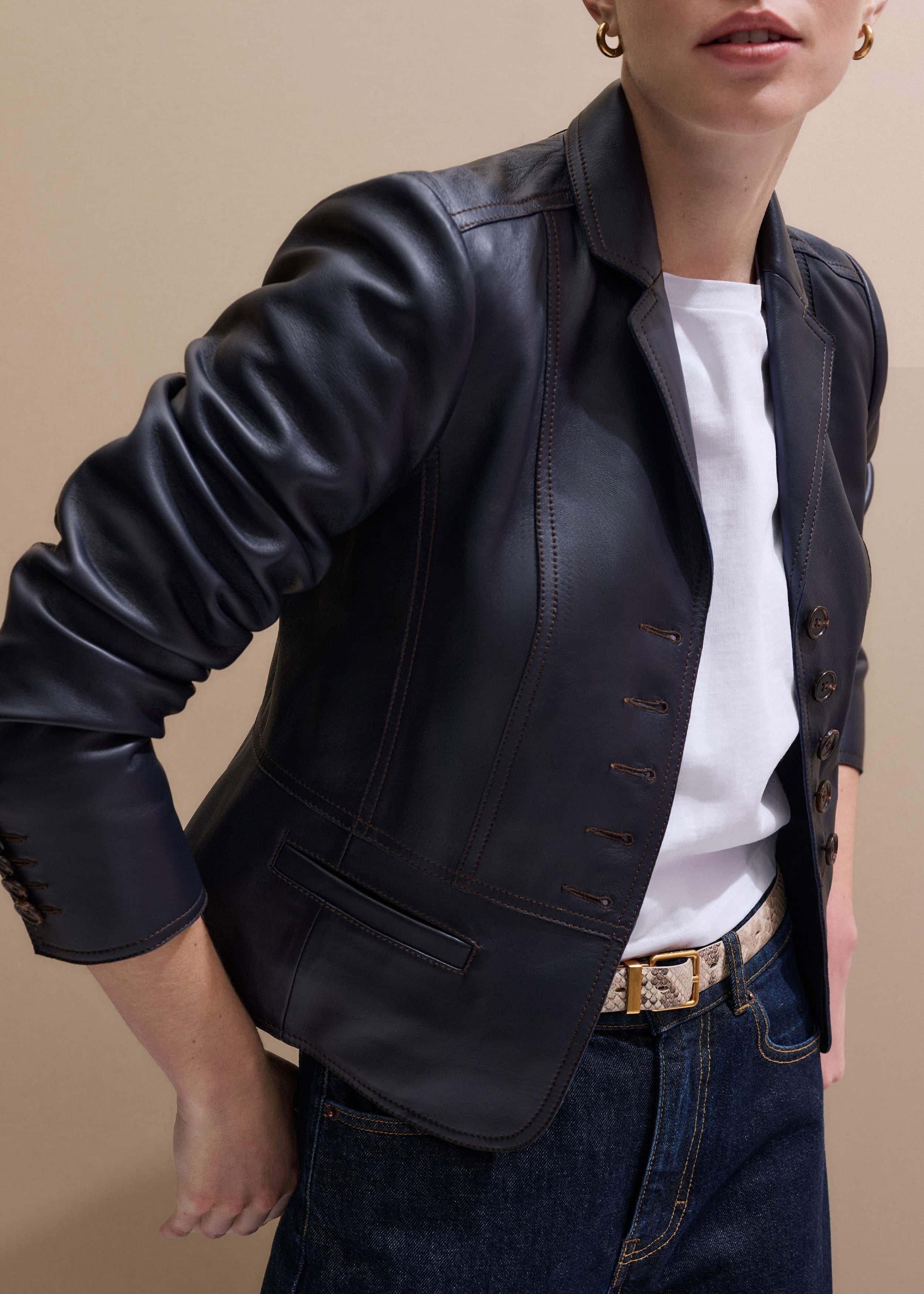 Navy Leather Luxe Short Fitted Blazer meandem