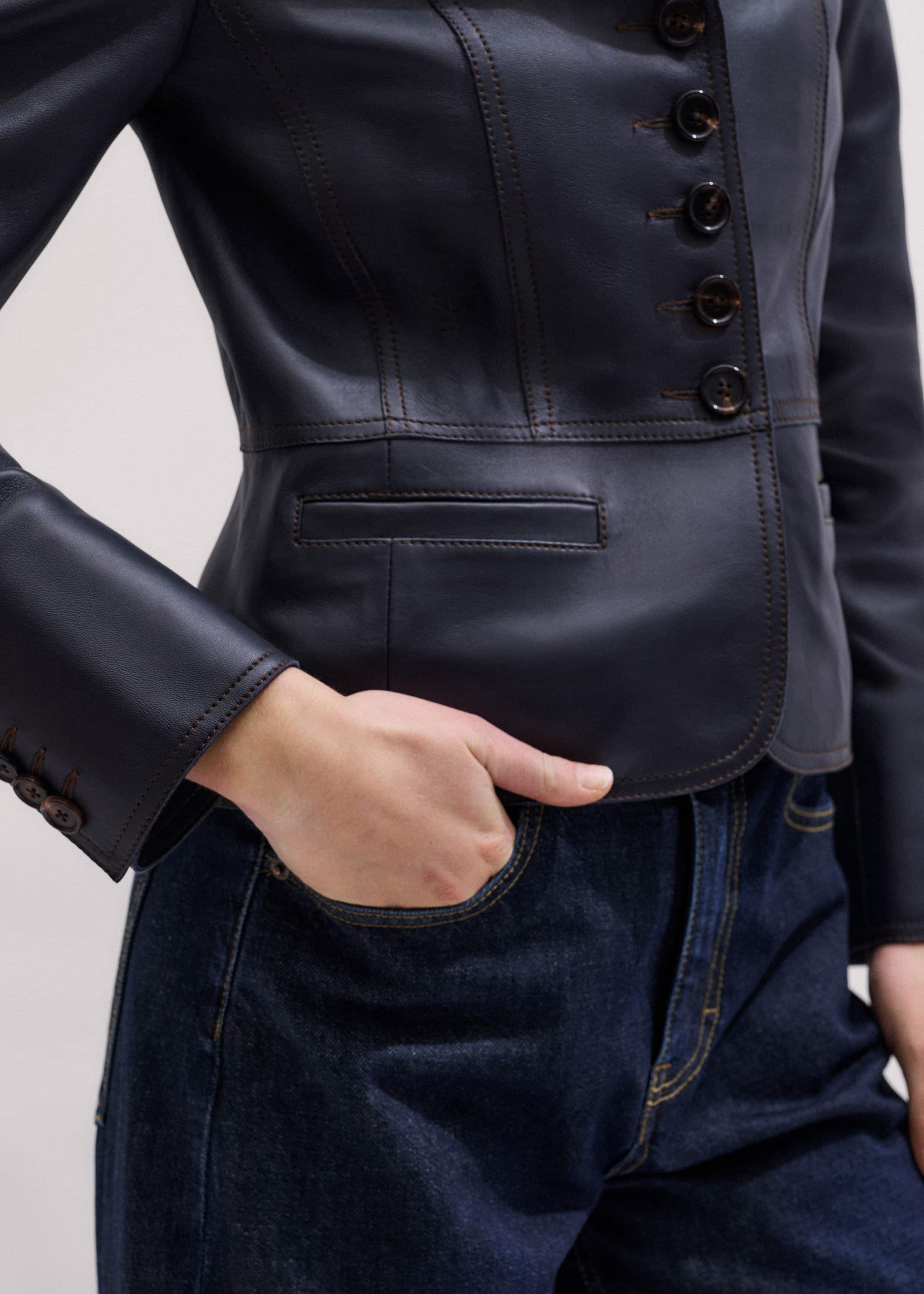 Navy Leather Luxe Short Fitted Blazer meandem