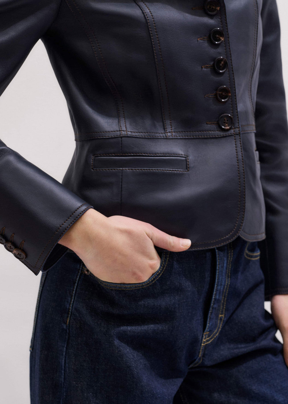 Navy Leather Luxe Short Fitted Blazer meandem