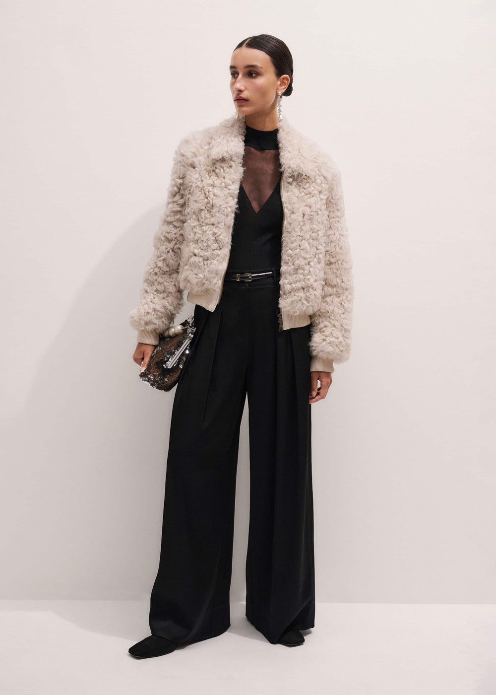 Cream Luxe Shearling Bomber Jacket meandem