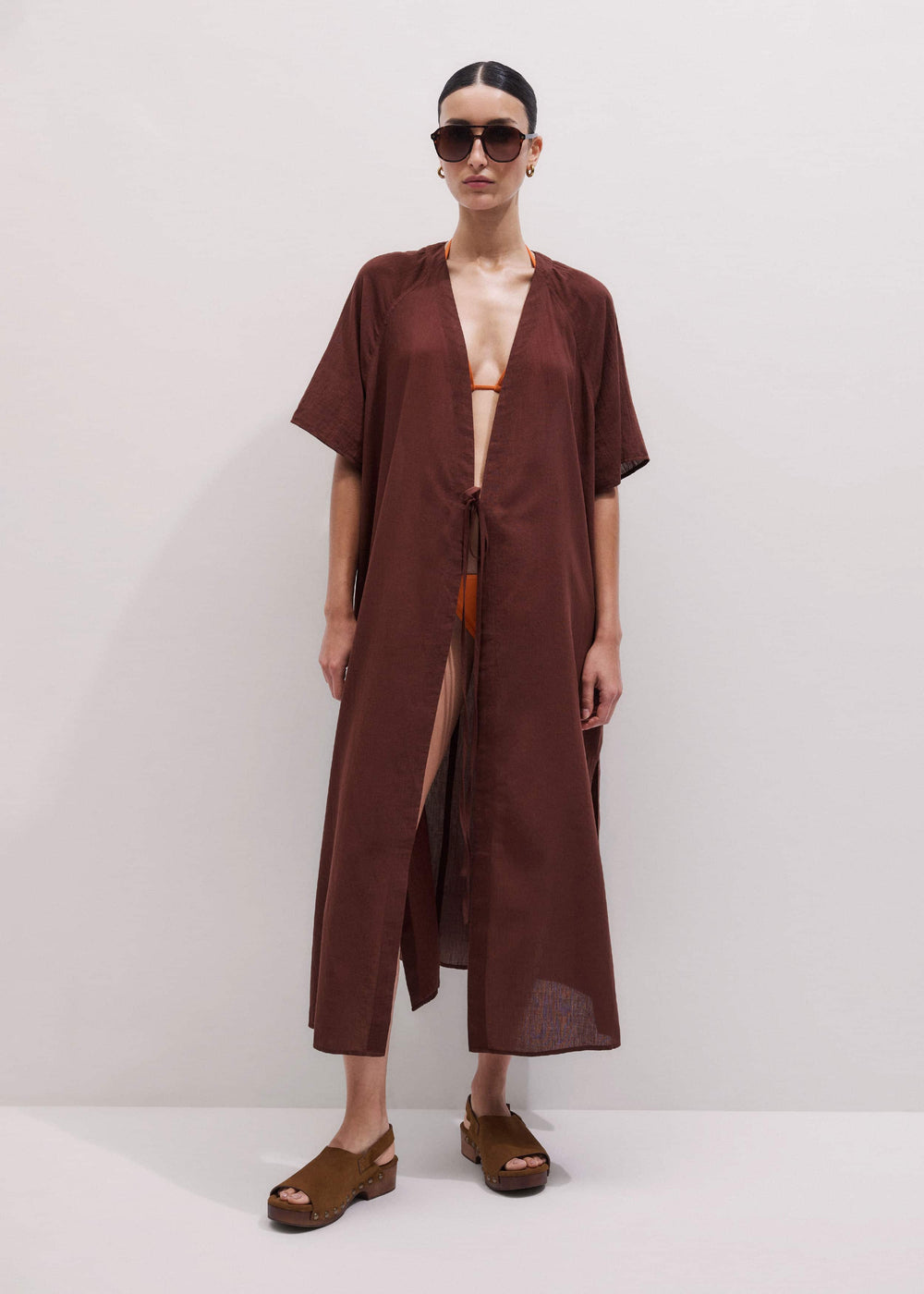 Cinnamon Brown Tie Front Maxi Cover Up meandem
