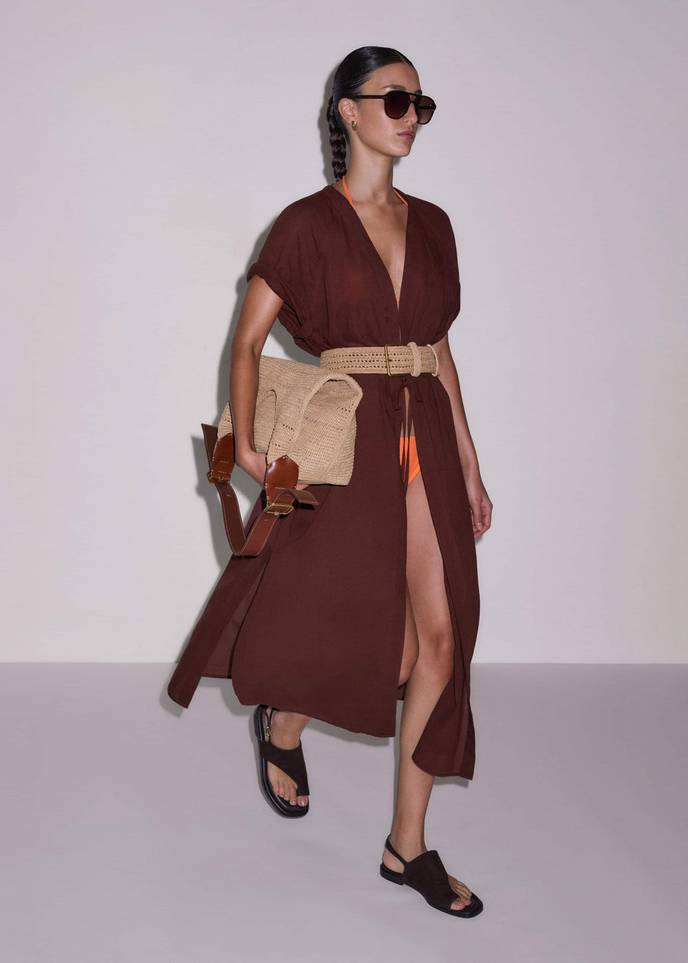 Cinnamon Brown Tie Front Maxi Cover Up meandem