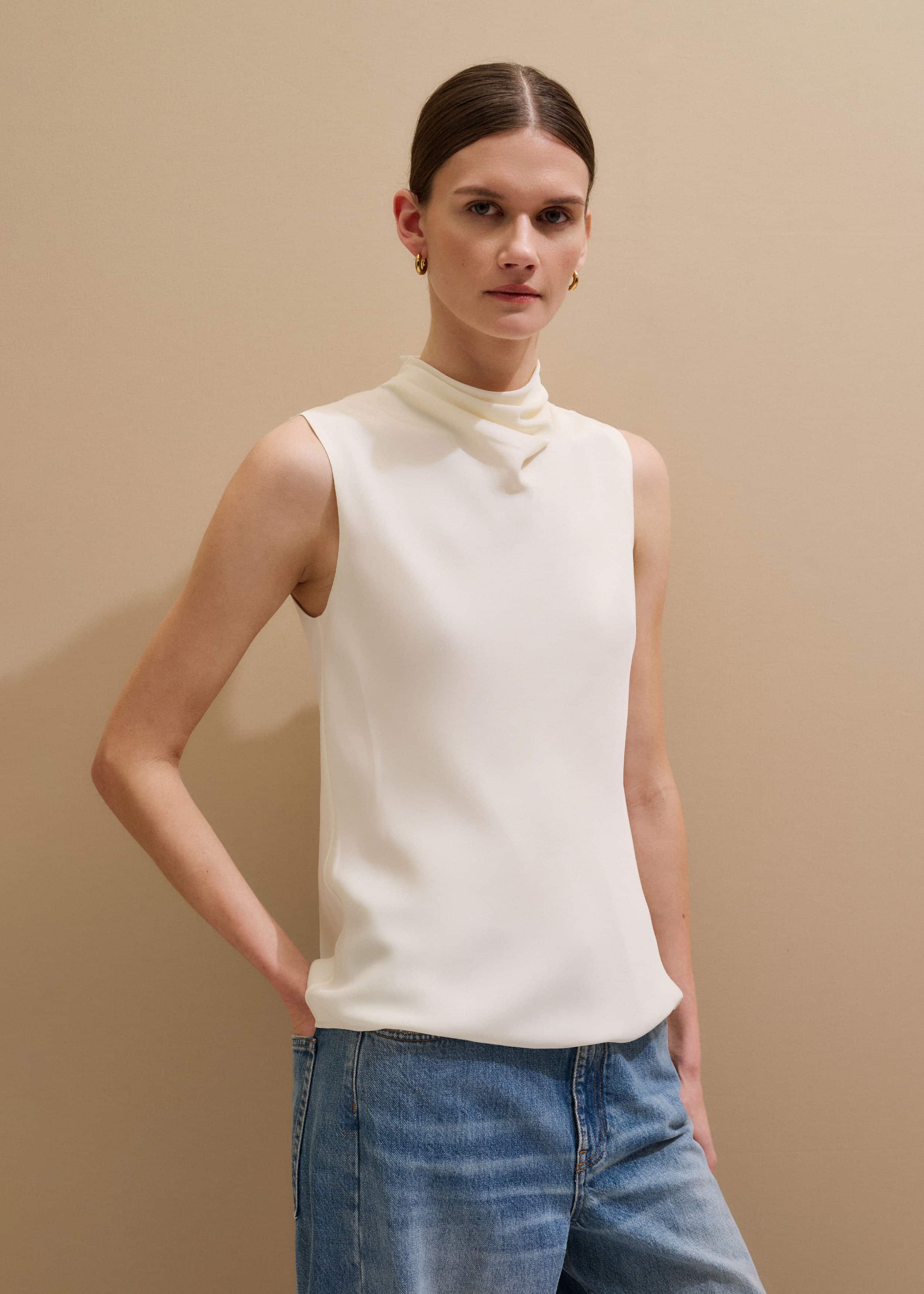 Cream Silk Elevated Cowl Neck Top meandem